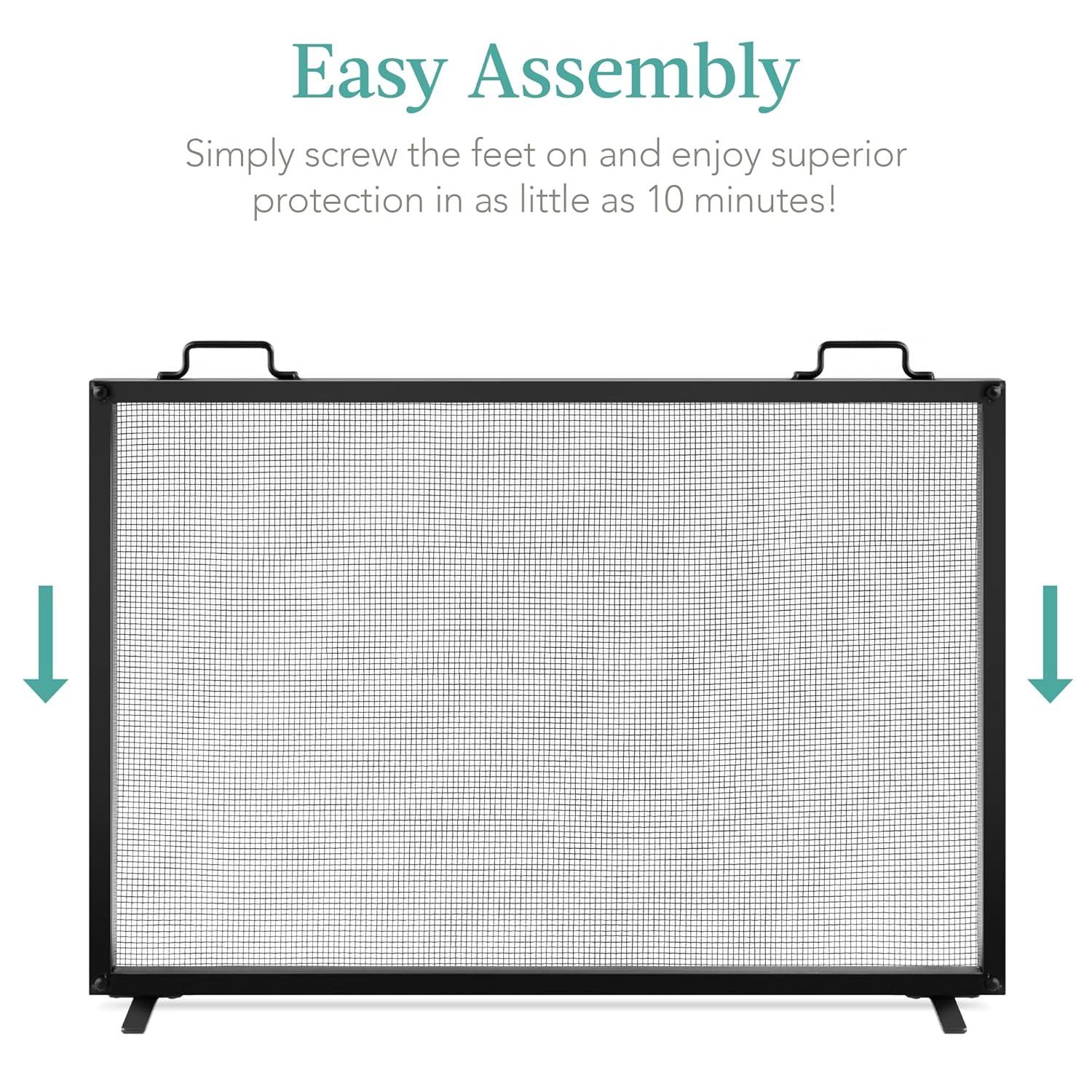 Cassiano 38x27in Single Panel Fireplace Screen Handcrafted Steel Mesh Spark Guard w/ Handles