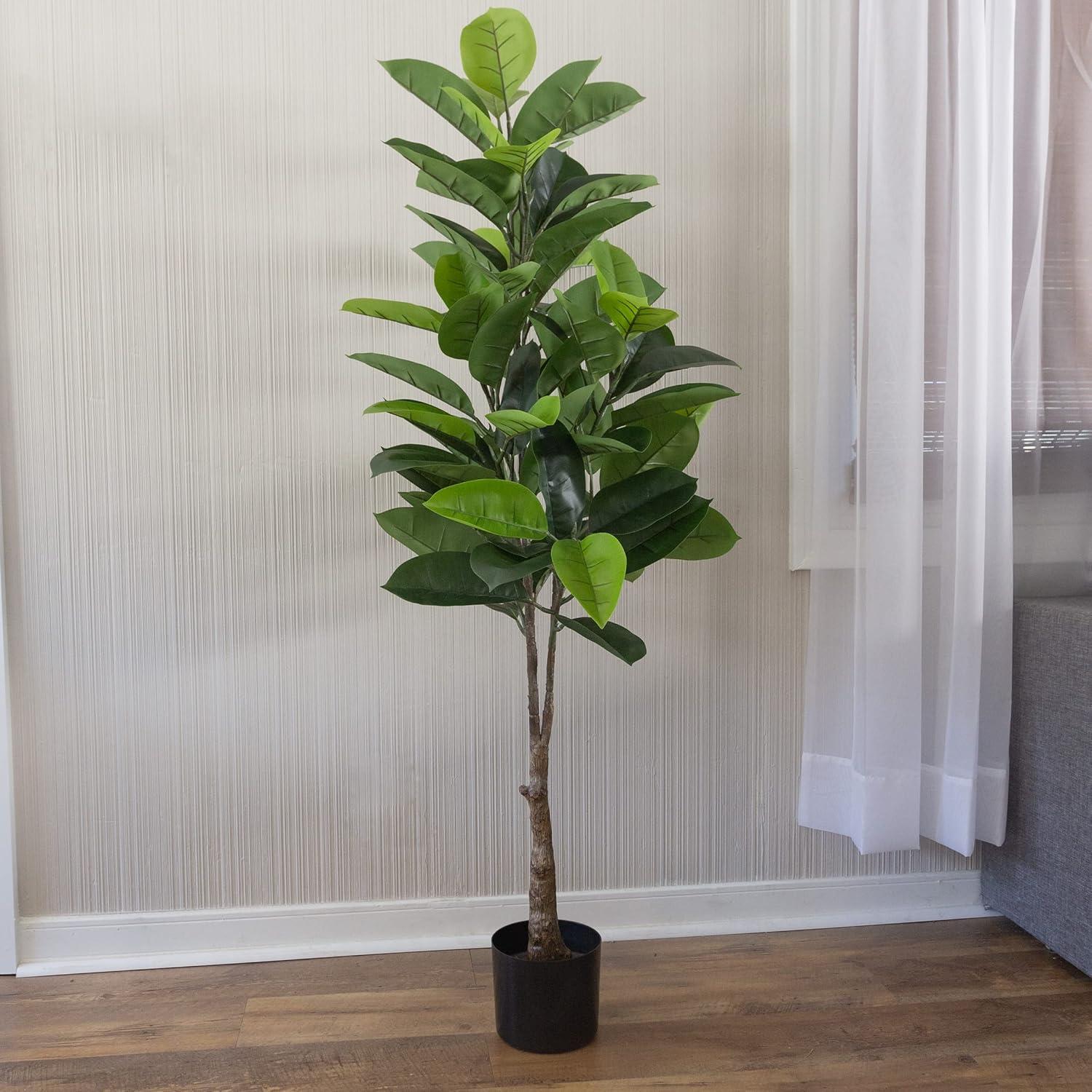Artificial Rubber Plant - 51-Inch Faux Tree with Natural-Feel Leaves - Realistic Potted Indoor Plant for Office or Home Decor by Pure Garden (Green)