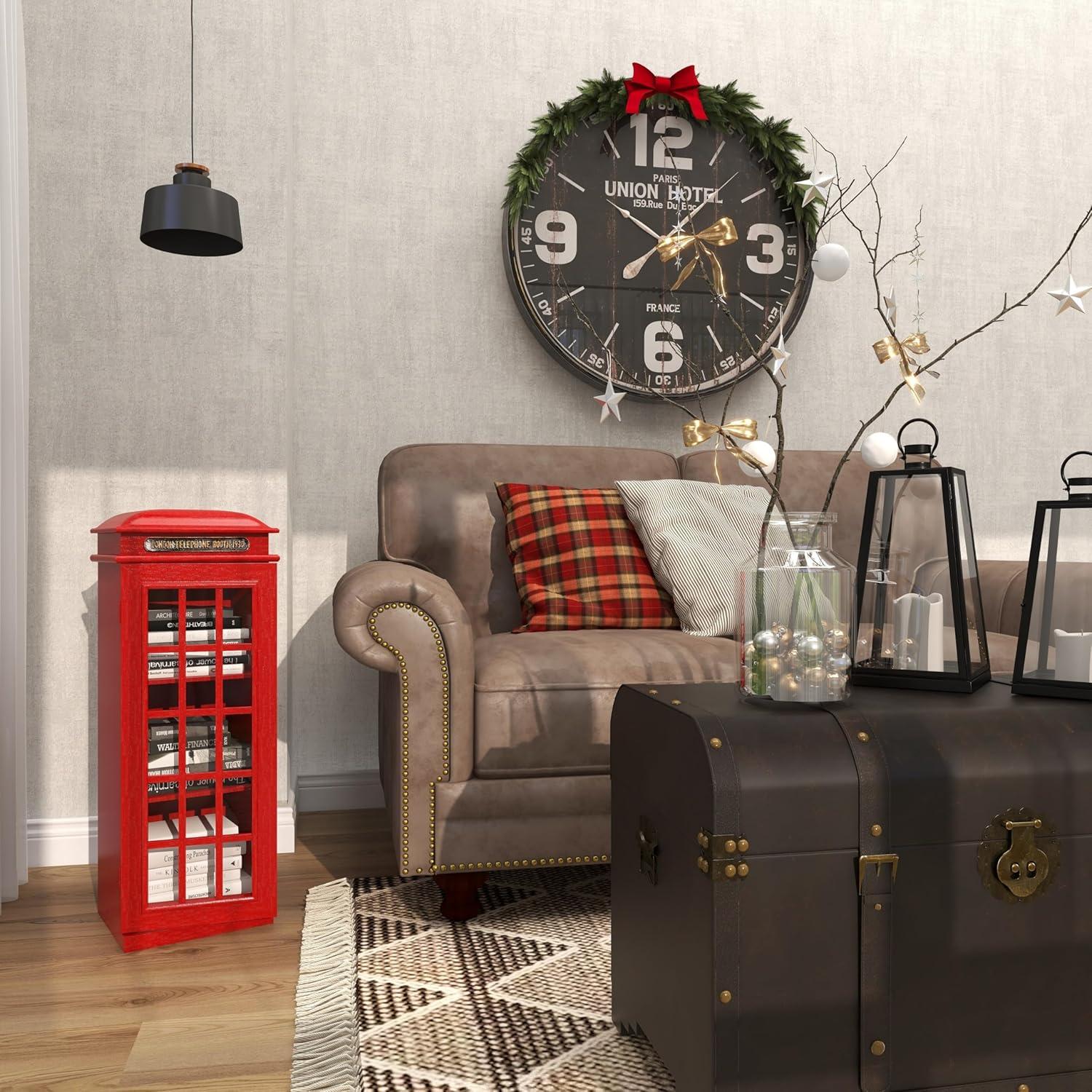 DecMode 11" x 30" Red Wooden London Telephone Booth 2 Shelf Storage Unit, 1-Piece
