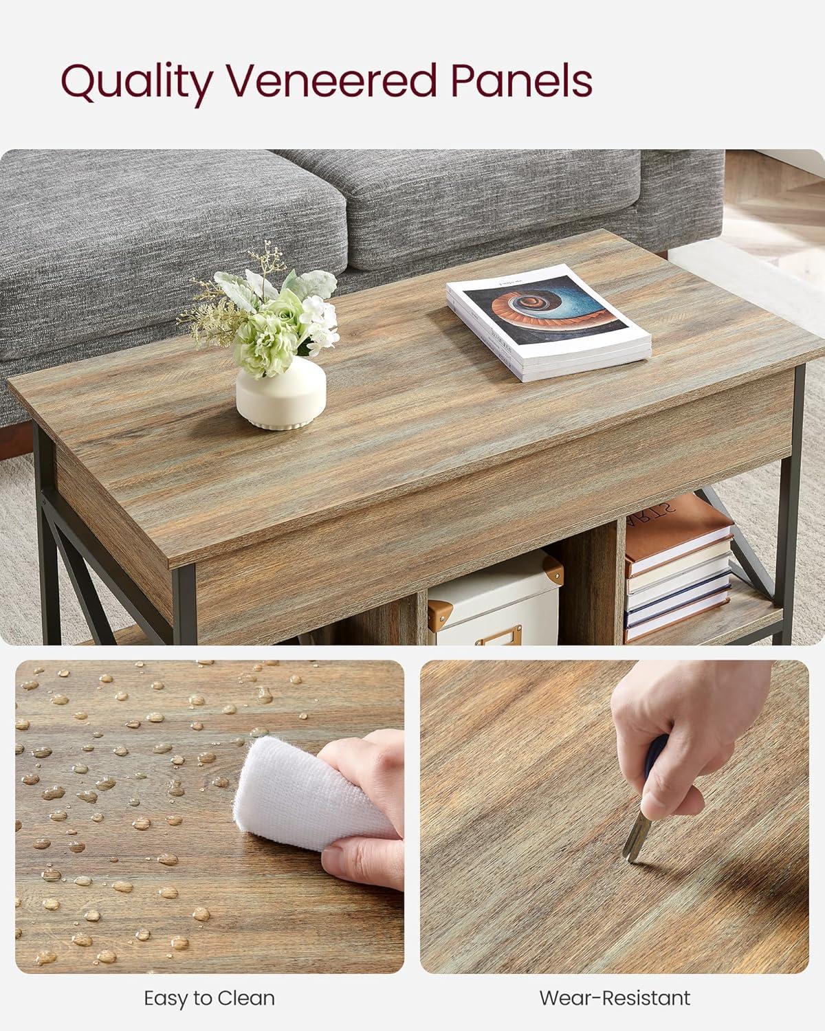 VASAGLE Lift Top Coffee Table, Lift Coffee Table with Storage Shelf, Hidden Compartments and Lifting Top, for Living Room, Office, 19.7 x 39.4 x (19.3-24.4) Inches, Oak with Blue Grains ULCT202B60