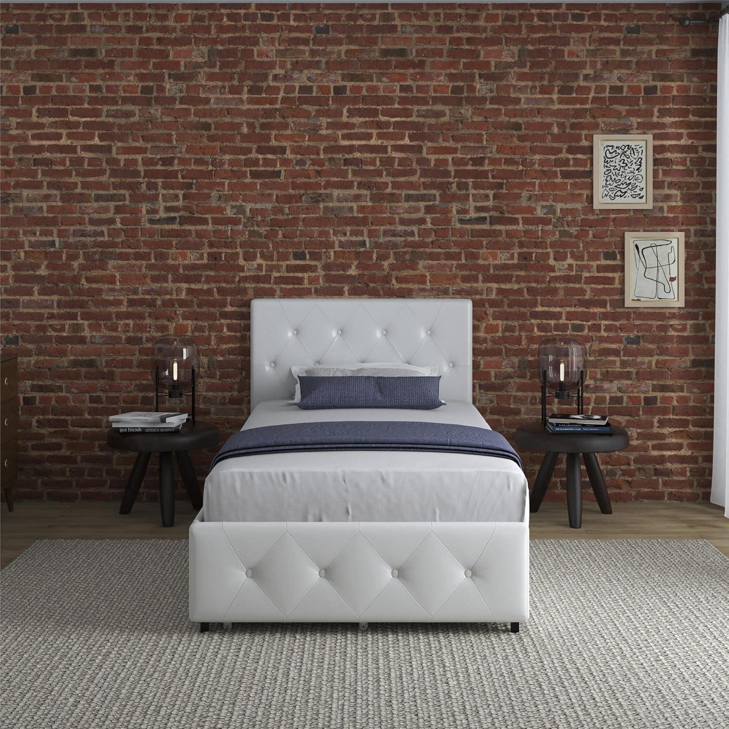 Twin White Upholstered Platform Bed with Storage Drawers