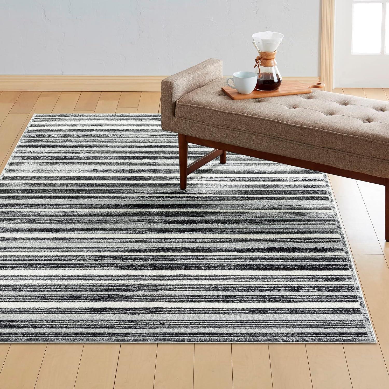 Everwash Treasure Striped Modern Machine Washable Area Rug, Light Grey/Charcoal Grey, 6'6"x9'2"