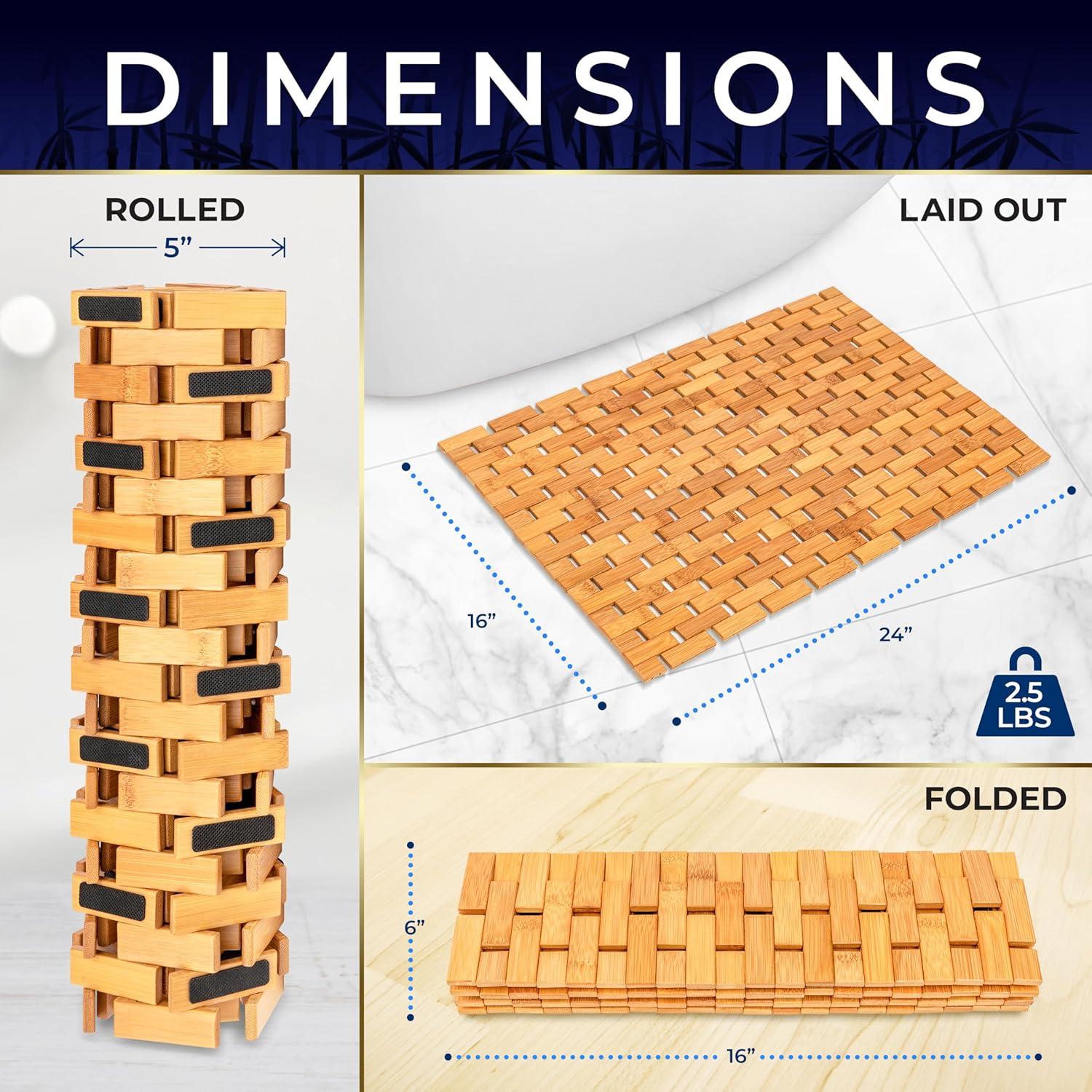 SereneLife Bamboo Bath and Shower Mat, Non-Slip Floor Mat with Extra Grips, Slatted Design, Natural Finish for Bathroom, Spa, Sauna - Rollable and Easy to Clean