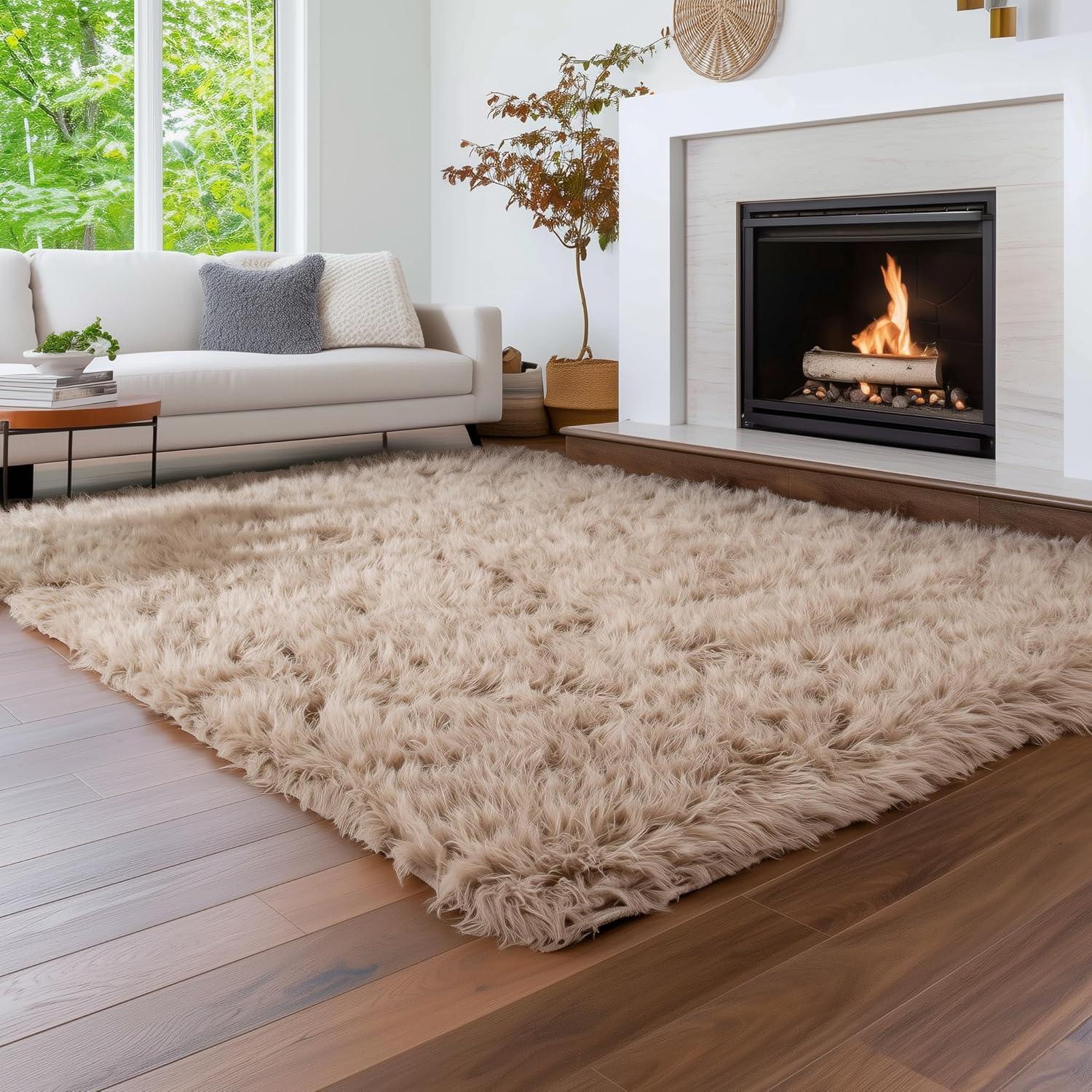 Ultra Soft Faux Sheepskin Fur Shag Rug Light Brown 6' x 9'