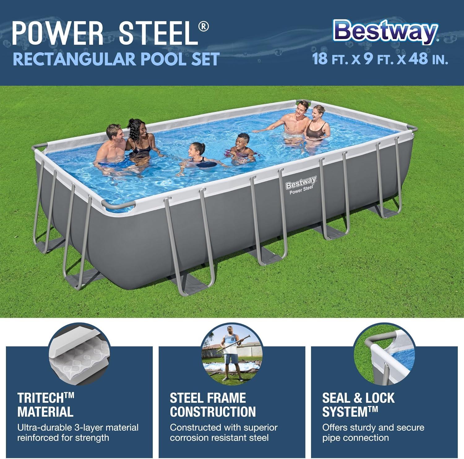 Bestway Power Steel 18' x 9' x 48" Rectangular Above Ground Swimming Pool Set