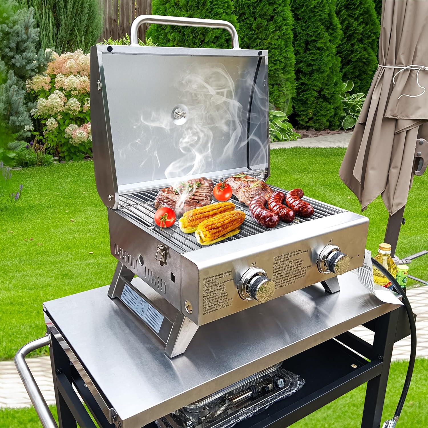 Portable Stainless Steel 2-Burner Propane Gas Grill with Foldable Legs