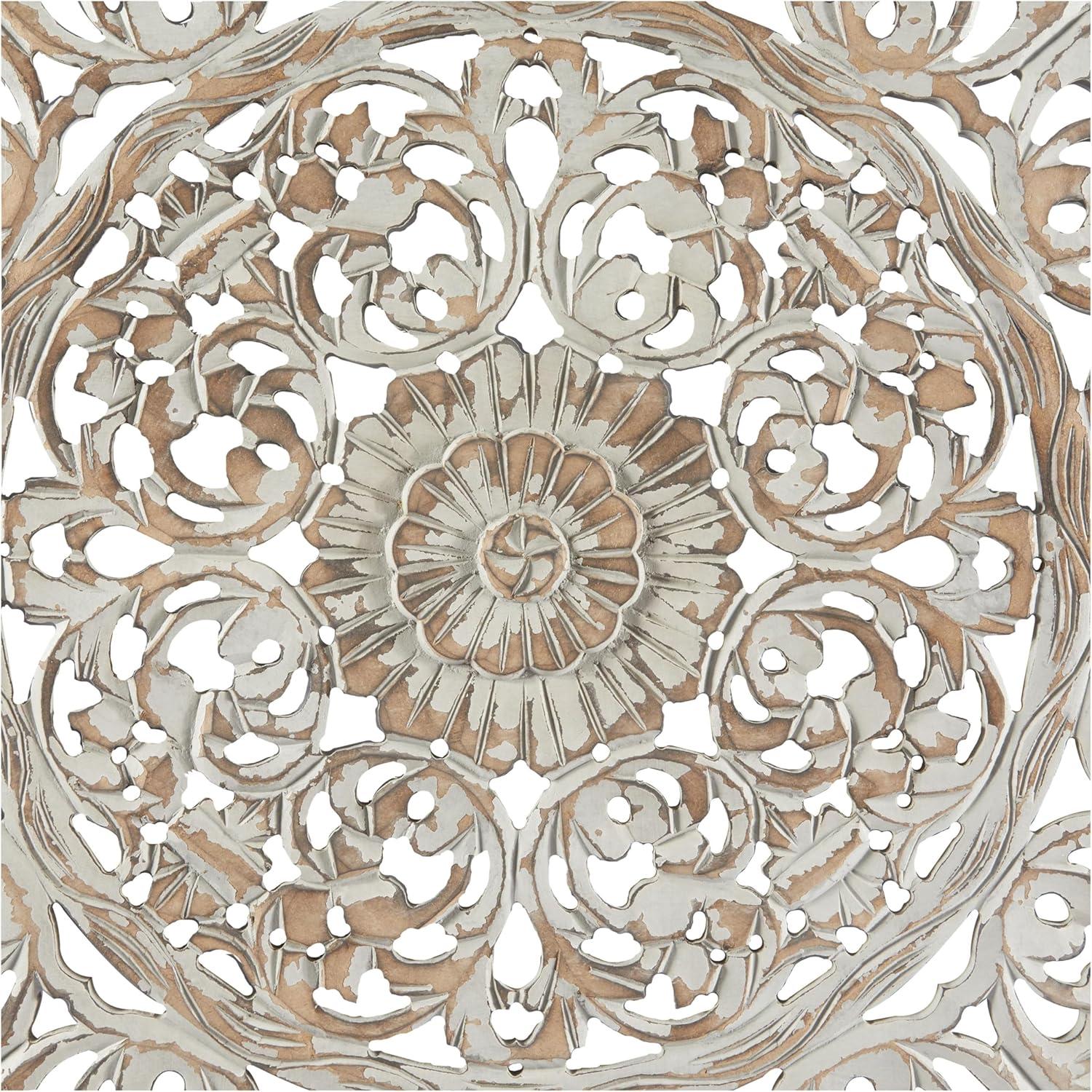 DecMode Brown Wood Handmade Intricately Carved Floral Wall Decor with Mandala Design