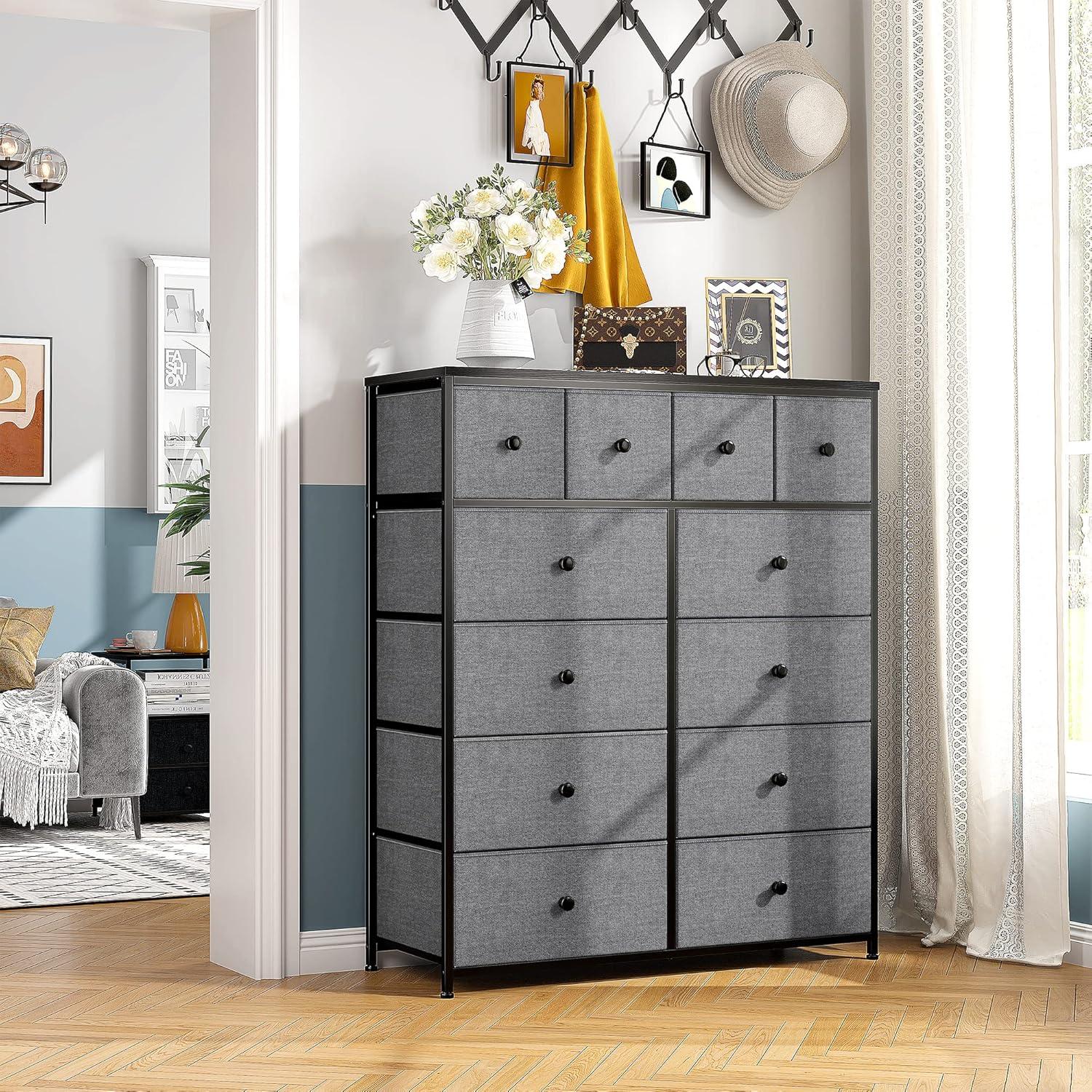 TiaGOC Dresser for Bedroom with 12 Drawers, Large Tall Dressers for Bedroom with Wooden Top and Metal Frame, Bedroom Dresser Dressers & Chests of Drawers Clearance, 40.6" W x 11.8" D x 43.7" H, Gray