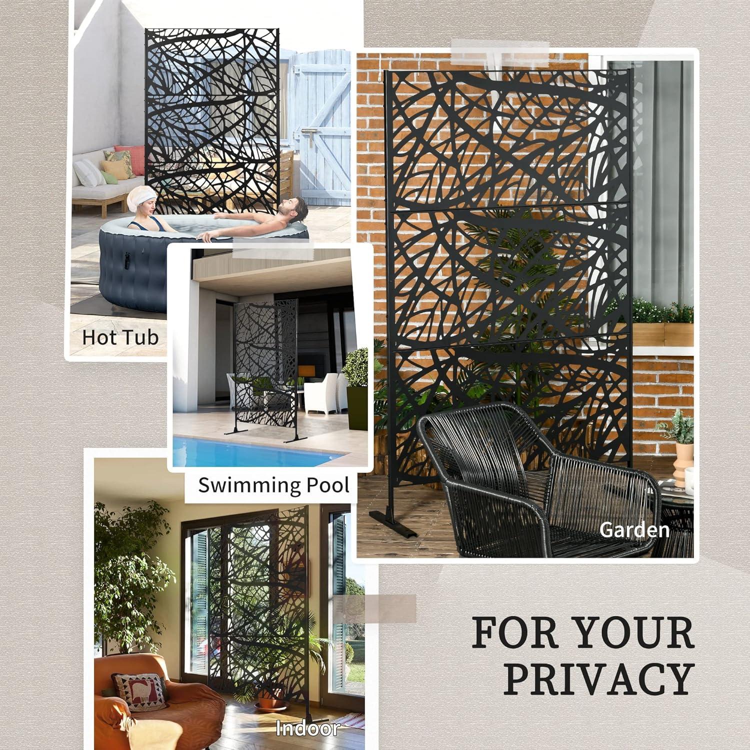 Modern Black Steel Outdoor Privacy Screen with Branch Motif