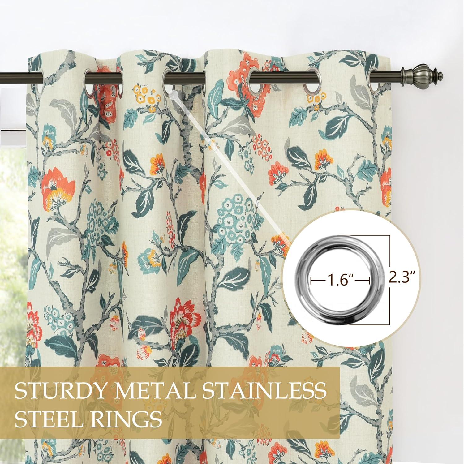 DriftAway Ada Floral Lined Thermal Insulated Room Darkening Blackout Grommet Window Curtains, 2 Panels, 52" x 72", Ivory Orange Teal