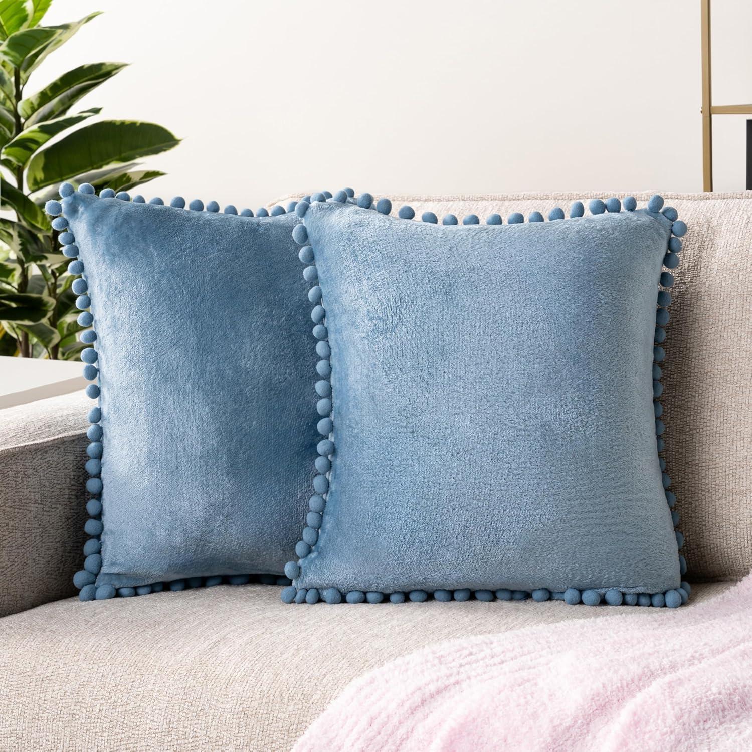 Dusty Blue Velvet Euro Pillow Covers with Pom Pom Fringe, 18x18 Set