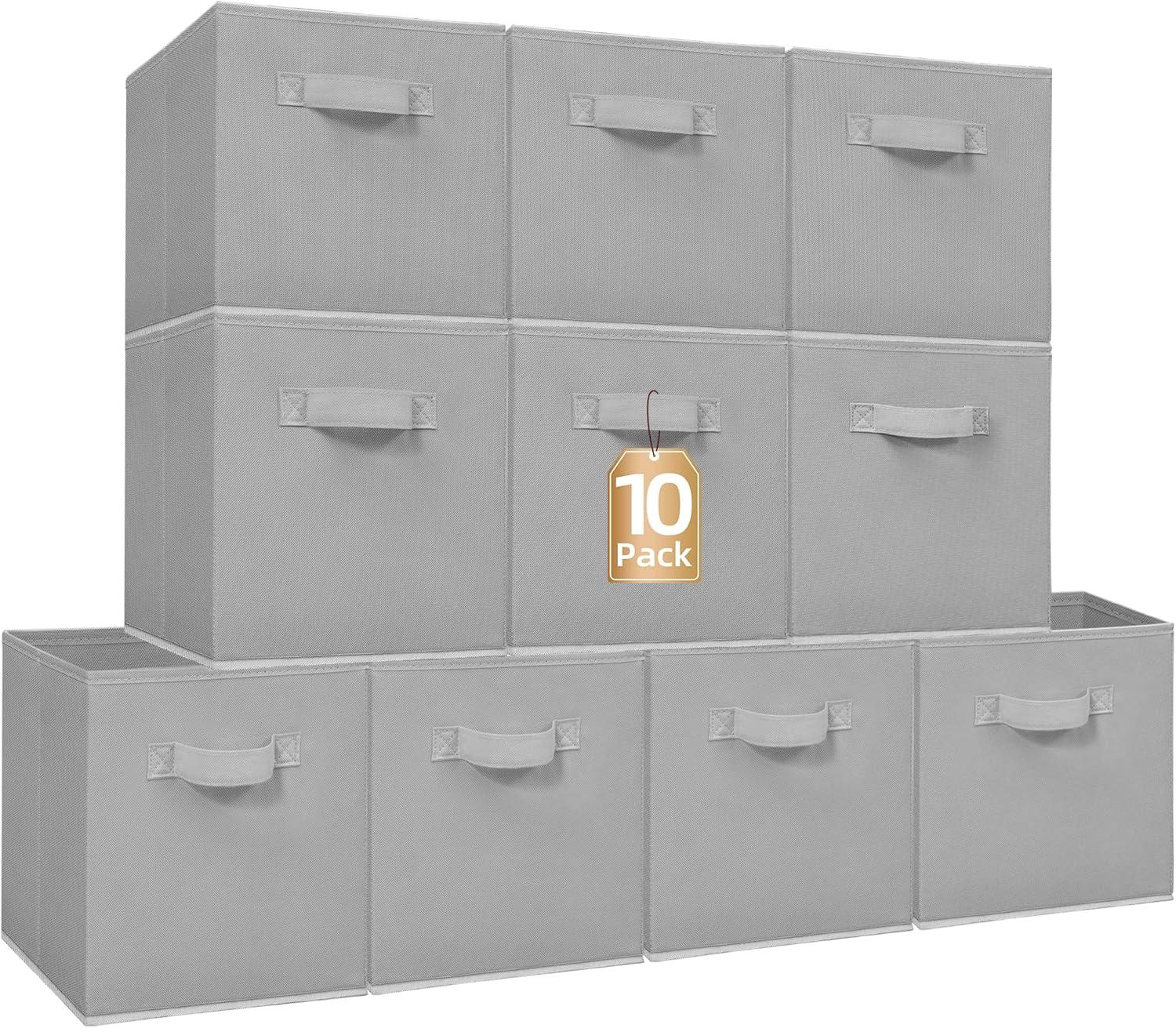 11 Inch Fabric Storage Cubes with Dual Handles, Collapsible Cube Bins for Shelves (10 Pack), Foldable Baskets for Clothes, Closet Organizers and Storage Box (Grey)