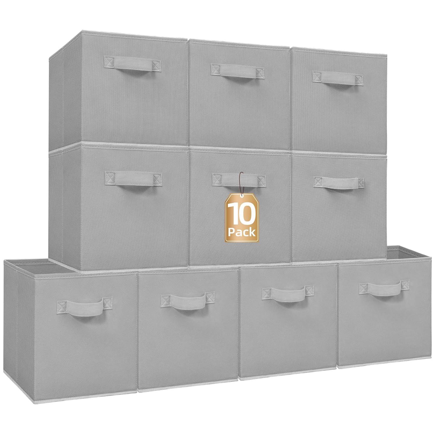 11 Inch Fabric Storage Cubes with Dual Handles, Collapsible Cube Bins for Shelves (10 Pack), Foldable Baskets for Clothes, Closet Organizers and Storage Box (Grey)