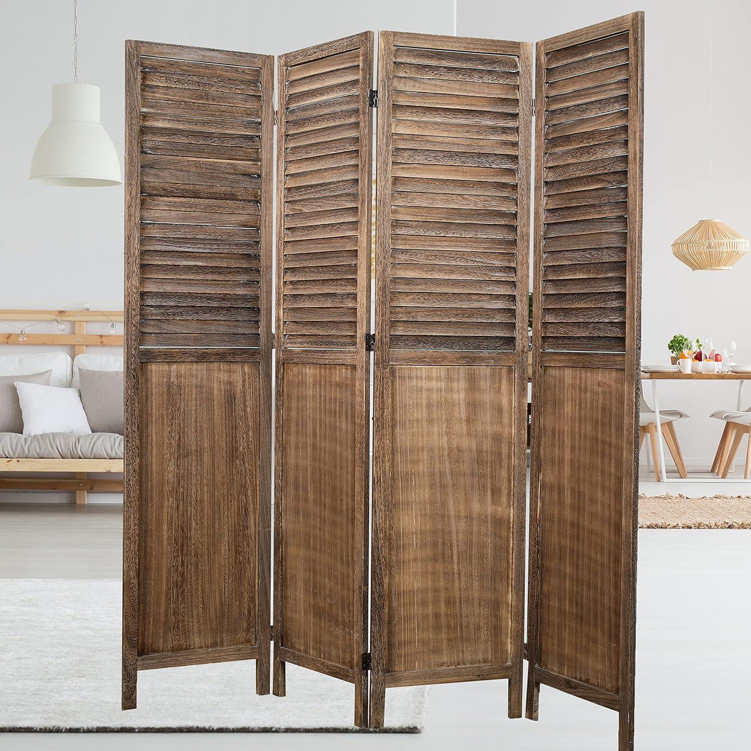 Rancho Shutter 4 Panel Room Divider with Folding Screen Room Partition Paulownia Wood Brown - Proman Products: Wall Separator, No Assembly Required