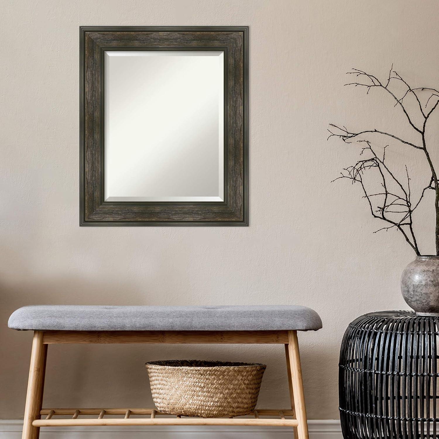 Amanti Art Beveled Bathroom Wall Mirror - Rail Rustic Char Frame - Rail Rustic Char Outer Size: 22 x 26 in