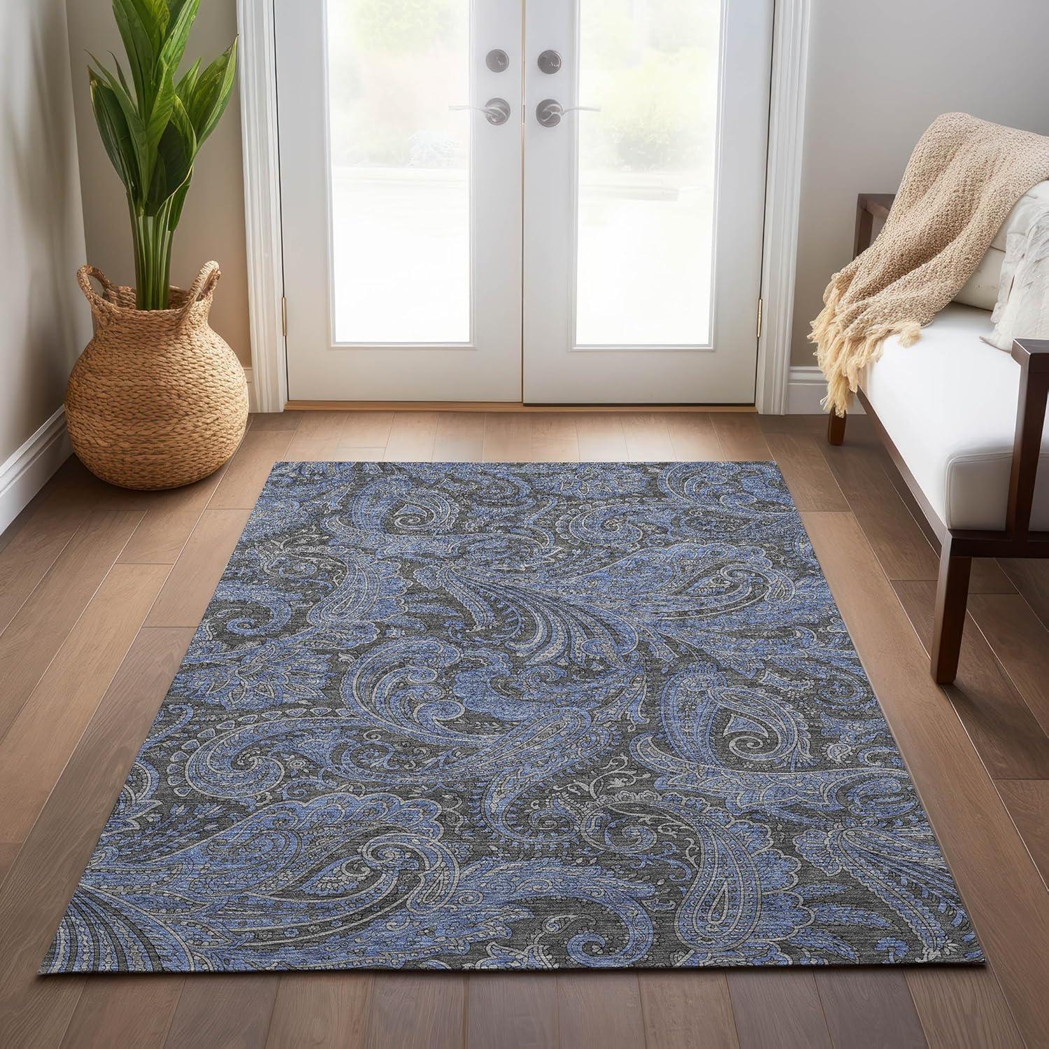 Charcoal and Blue Synthetic Washable Indoor Outdoor Rug 3' x 5'