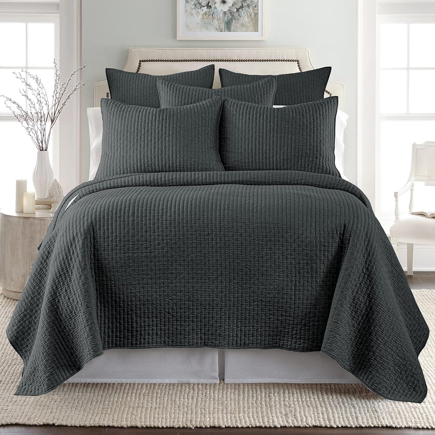 Charcoal Grey Cotton Euro Sham Set with Simple Cross Stitch - 26x26