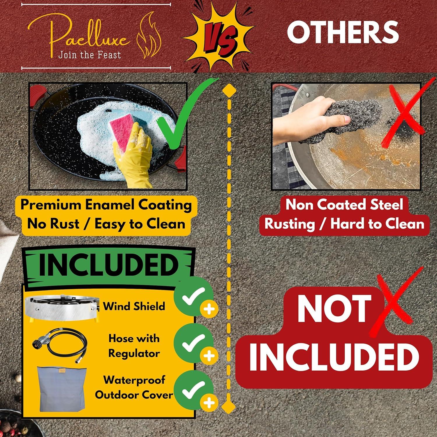 Paelluxe Paella Burner and Stand Set 20 Servings, 24 Inch Paella Pan, Dual Propane Outdoor Stove with Stand & Regulator, Portable Gas Cooker for Camping Crawfish Boil Cooking Outdoor, Paellera Propano