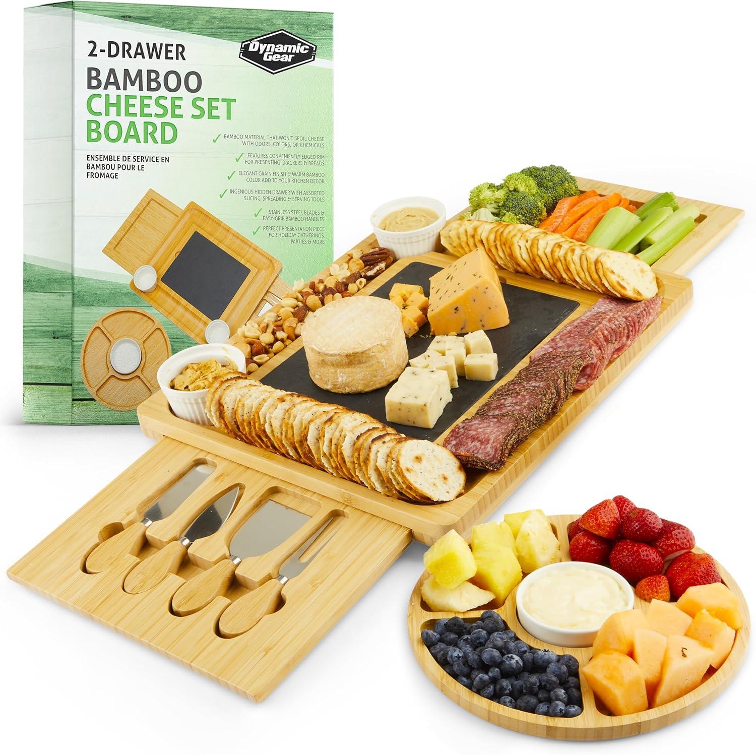 Expandable Bamboo Cheese Board Set with Ceramic Bowls and Utensils