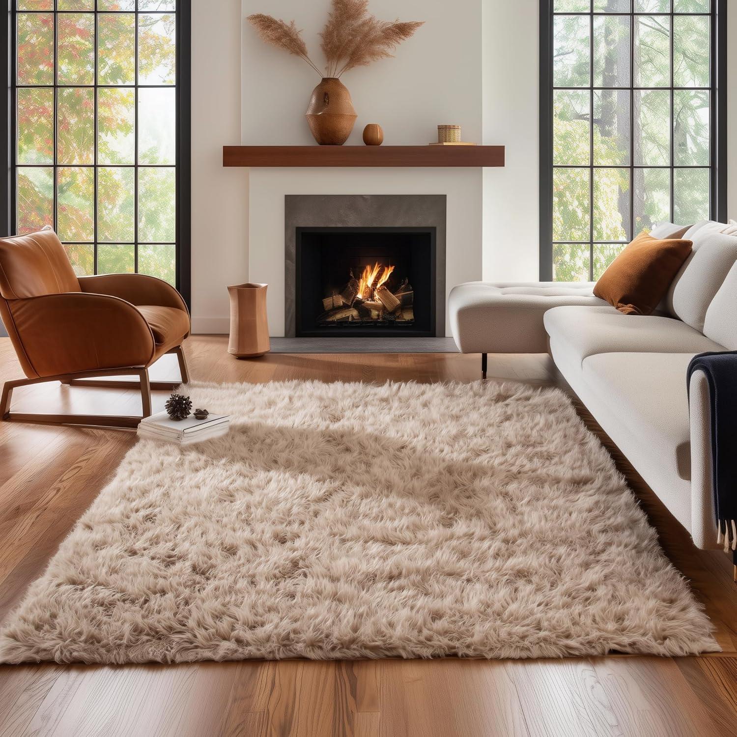Ultra Soft Faux Sheepskin Fur Shag Rug Light Brown 6' x 9'