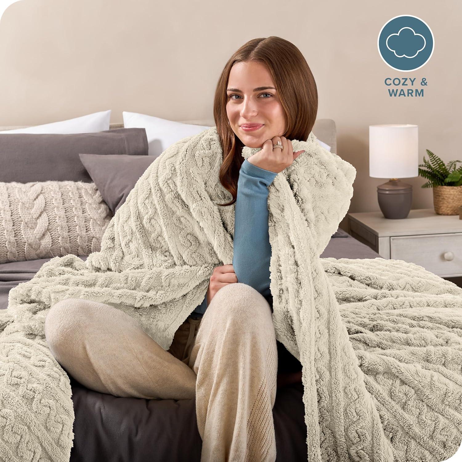 Oyster - Cable Twin/Twin XL Cozy Faux Shearling Bed Blanket by Bare Home