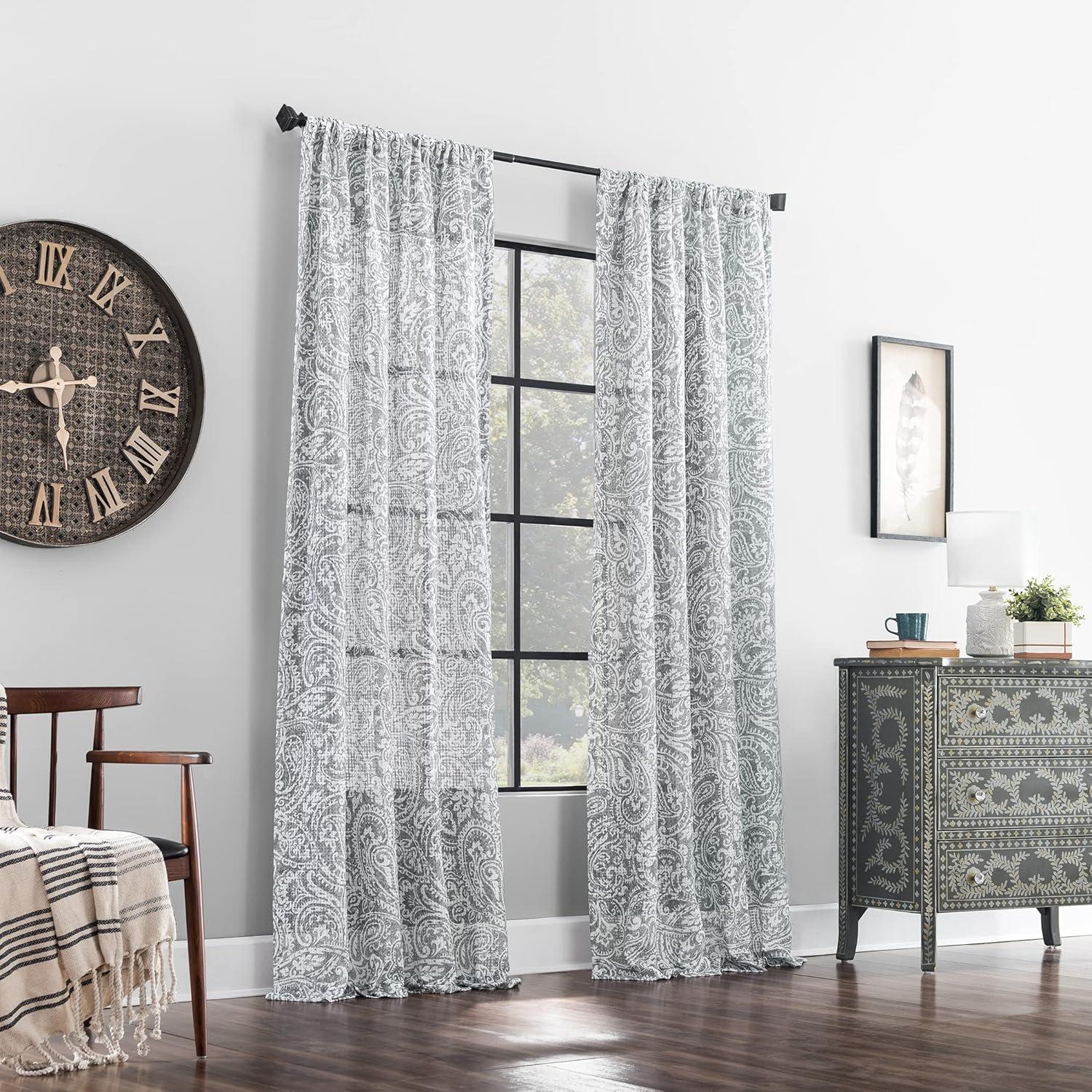 Gray Paisley Waffle Weave Cotton Blend Sheer Curtains, 50" x 84"