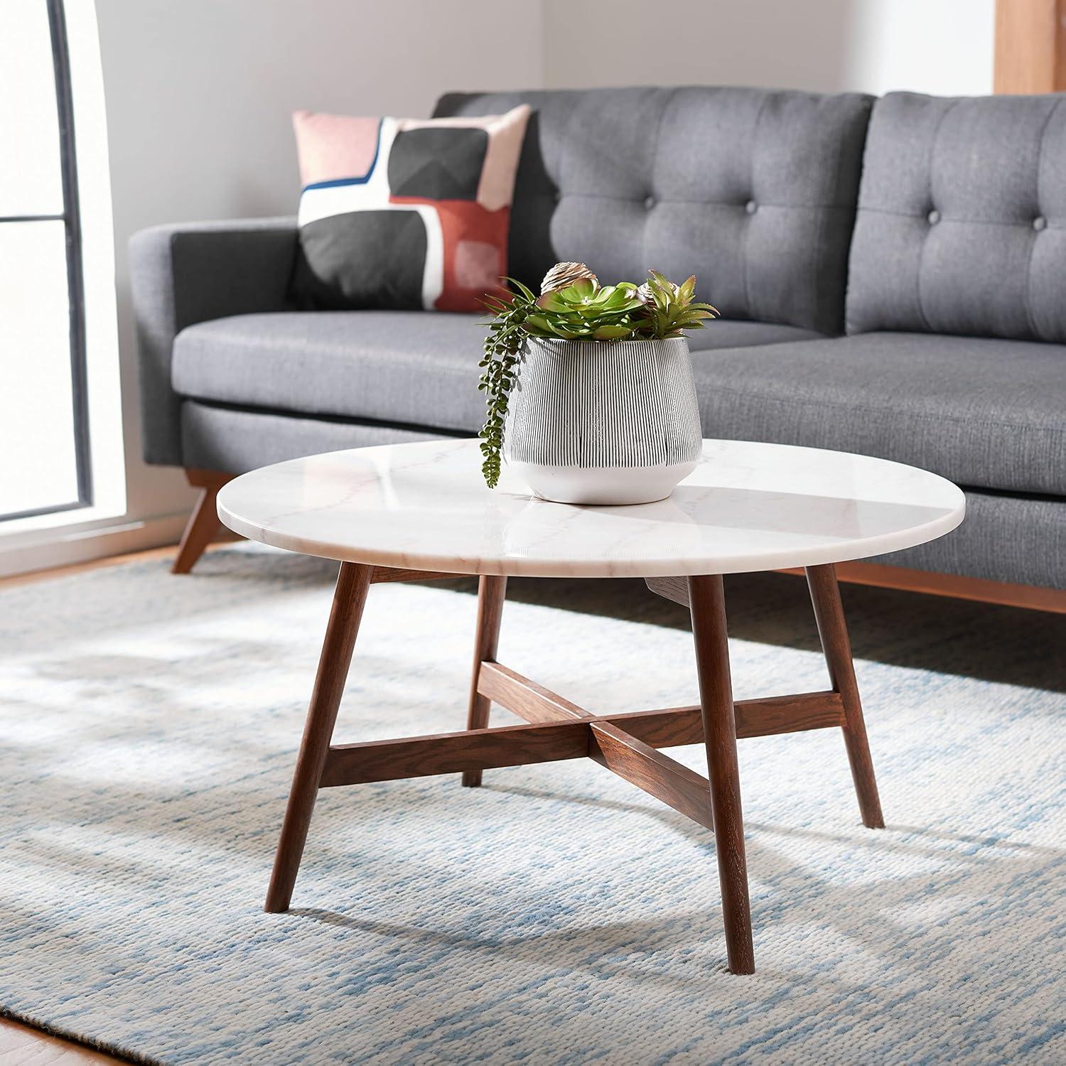 Maja Round Marble Coffee Table - Marble/Walnut - Safavieh