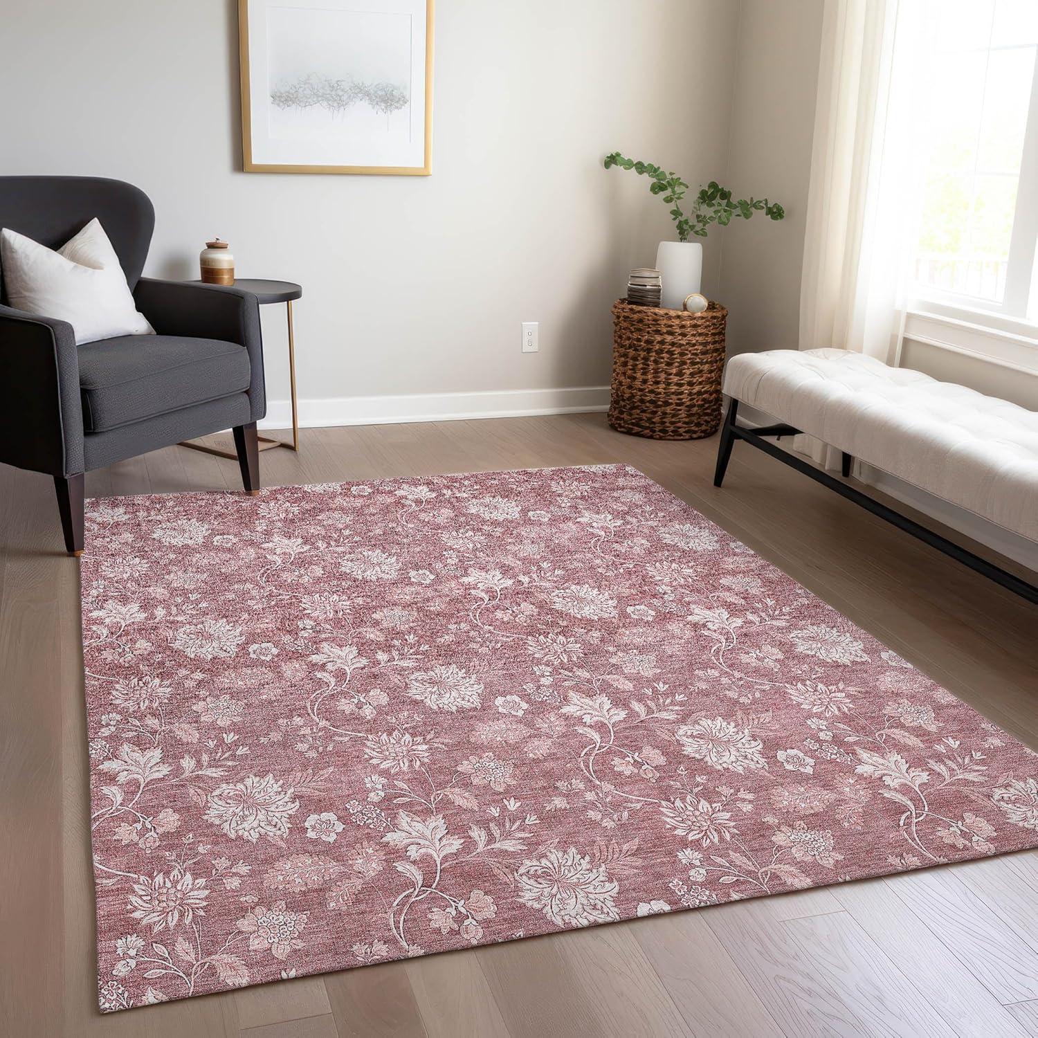 Blush Floral Synthetic 5' x 7' Washable Area Rug