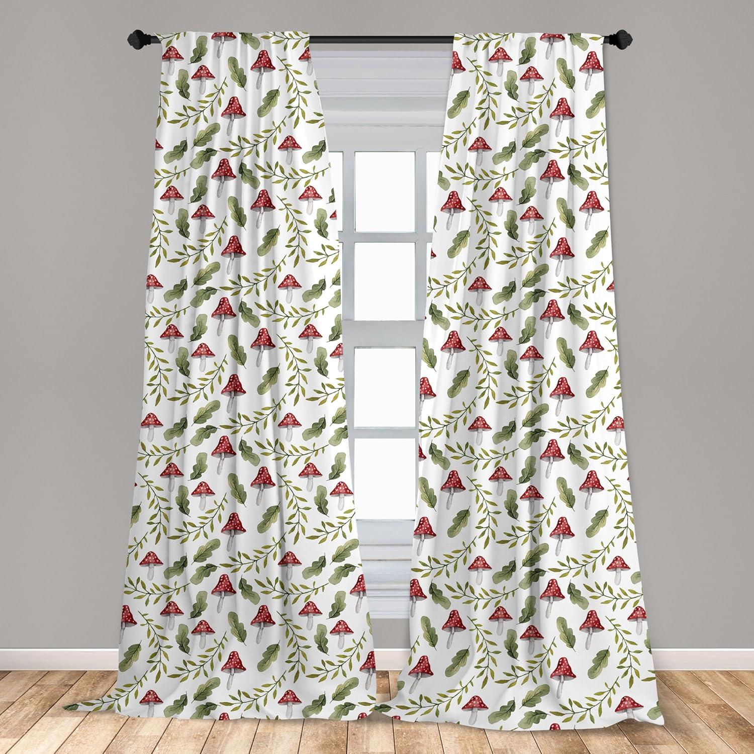 Ambesonne Mushroom Curtains, Leaves Forest Elements, Pair of 28"x84", Reseda Green Ruby