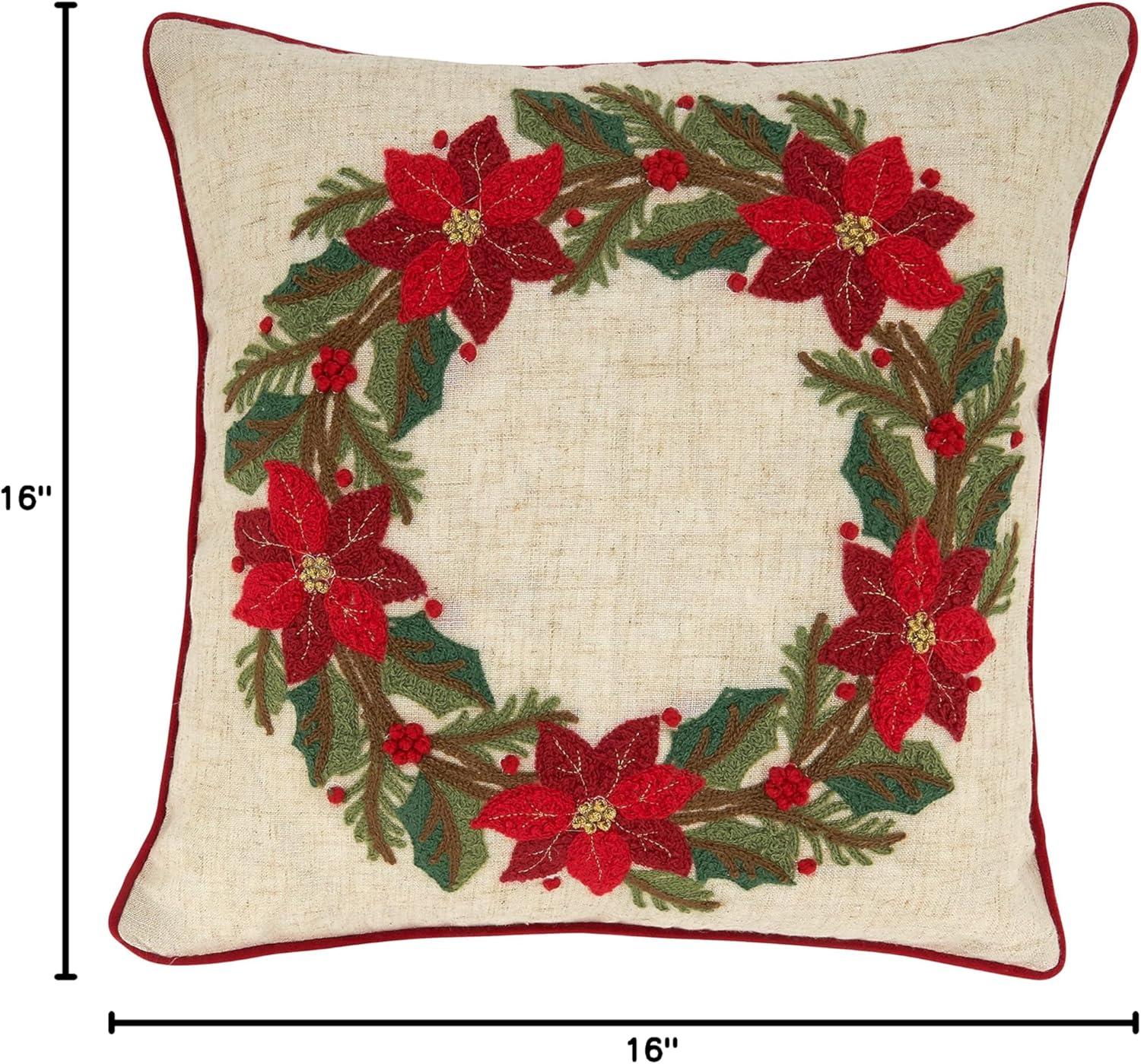 Saro Lifestyle Poinsettia Wreath Pillow - Down Filled, 16" Square, Multi