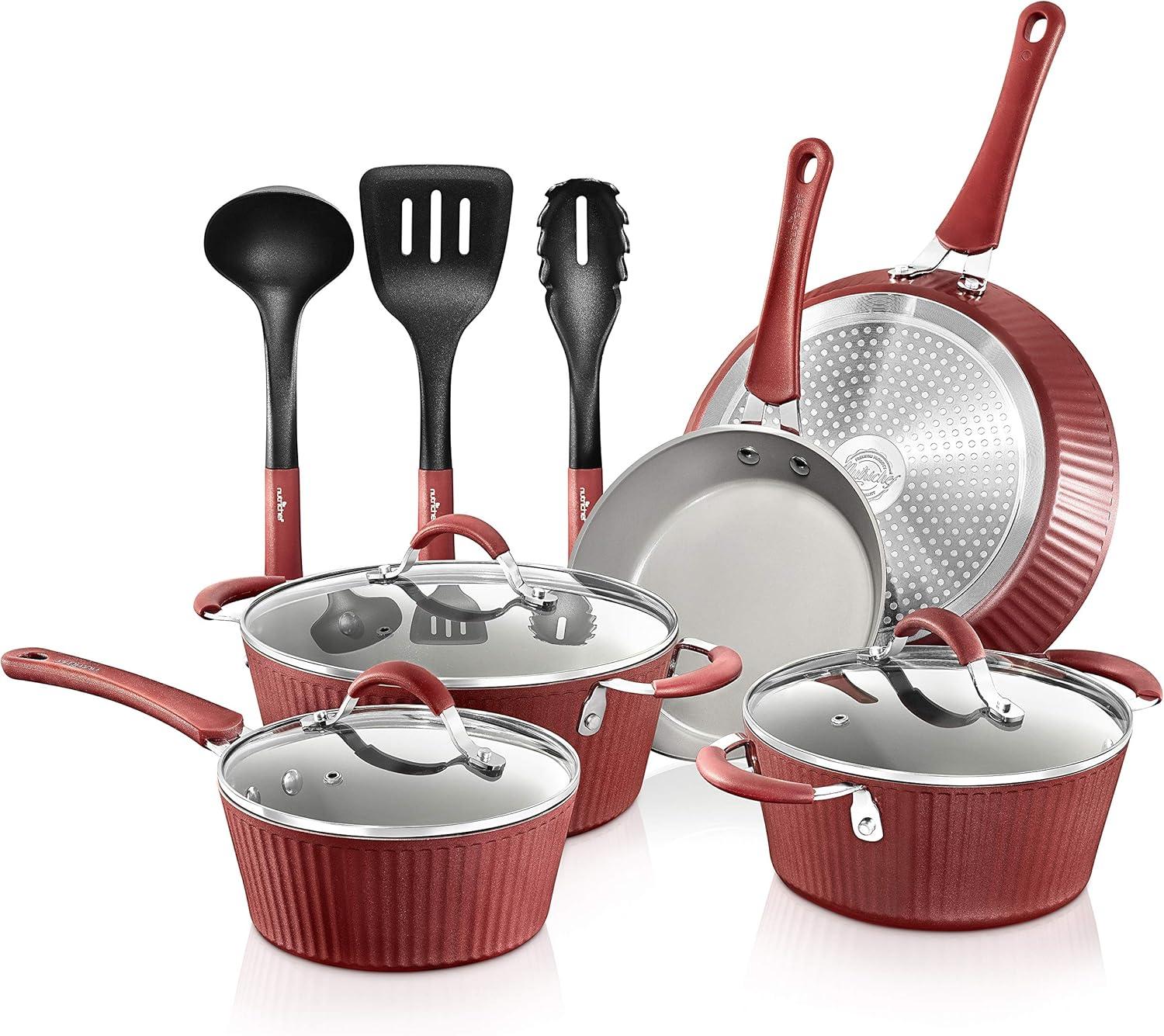 NutriChef Kitchenware Pots & Pans - Stylish Kitchen Cookware Set with Elegant Lines Pattern, Gray Inside & Red Outside, Non-Stick