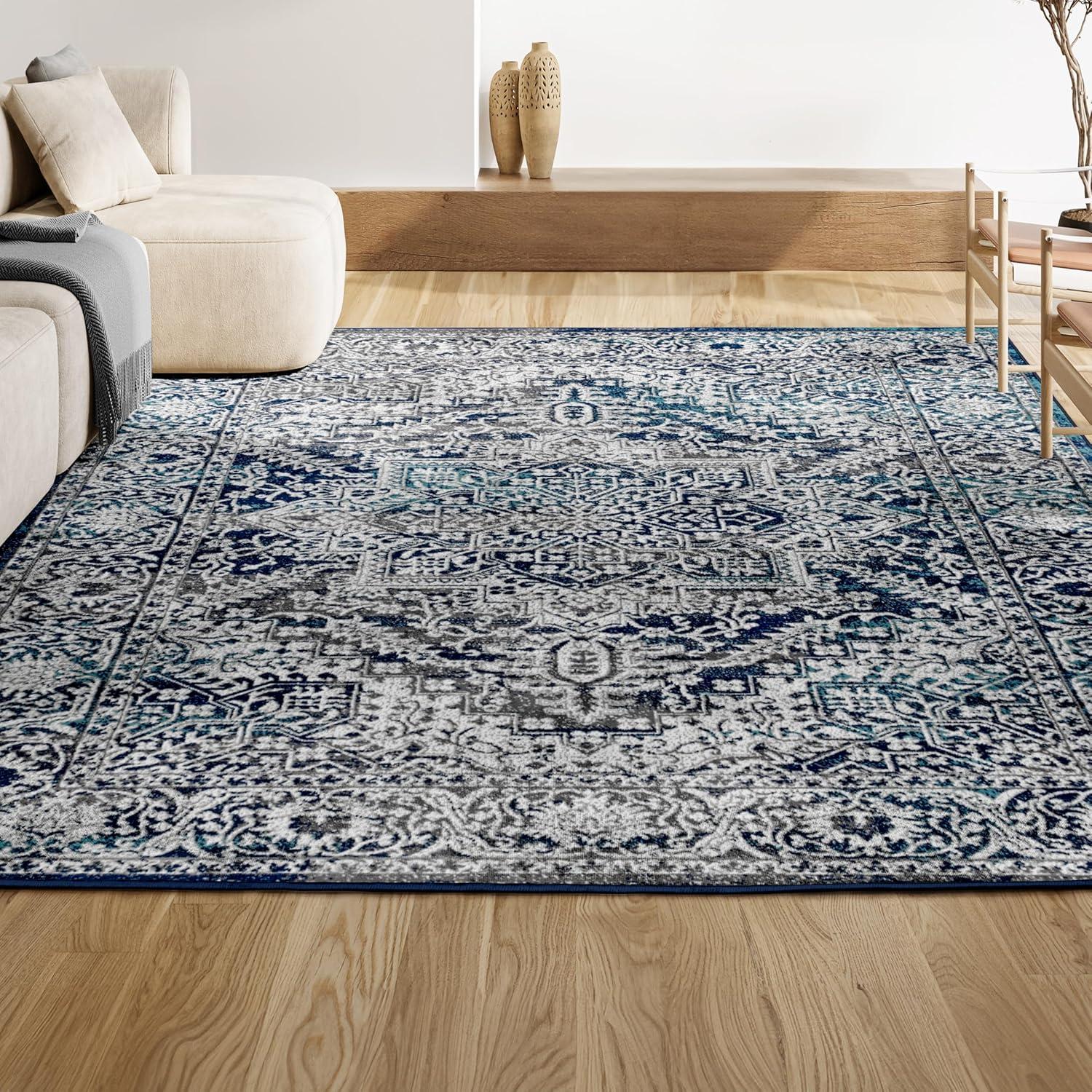 5'x8' Modern Vintage Medallion Area Rug, Navy /Light Grey - JONATHAN Y