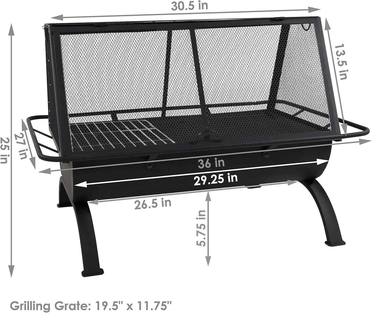 36-Inch Black Steel Outdoor Fire Pit with Grill and Spark Screen