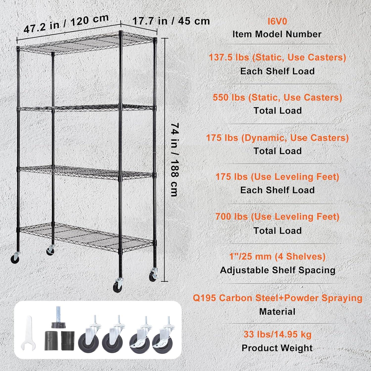 VEVOR Black Heavy Duty 4-Tier Metal Storage Shelving Unit with Wheels