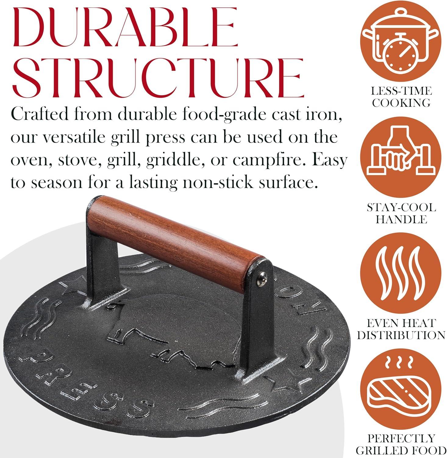 Bellemain 8.5-Inch Cast Iron Bacon Press – Heavy-Duty Grill Press for Perfect Bacon, Steak & More