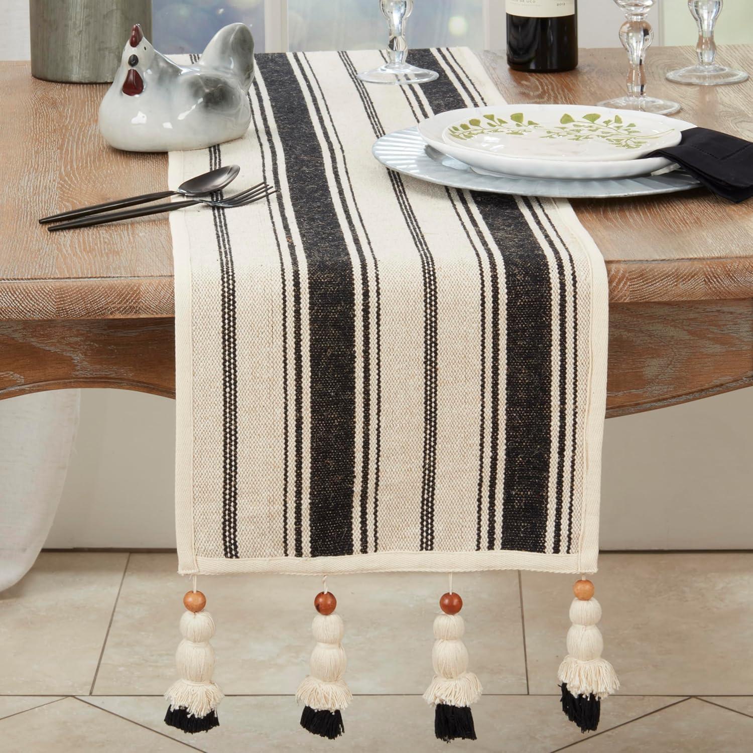 Saro Lifestyle Wood Bead Tassel Trimmed Stripe Table Runner, Black, 13"x72"