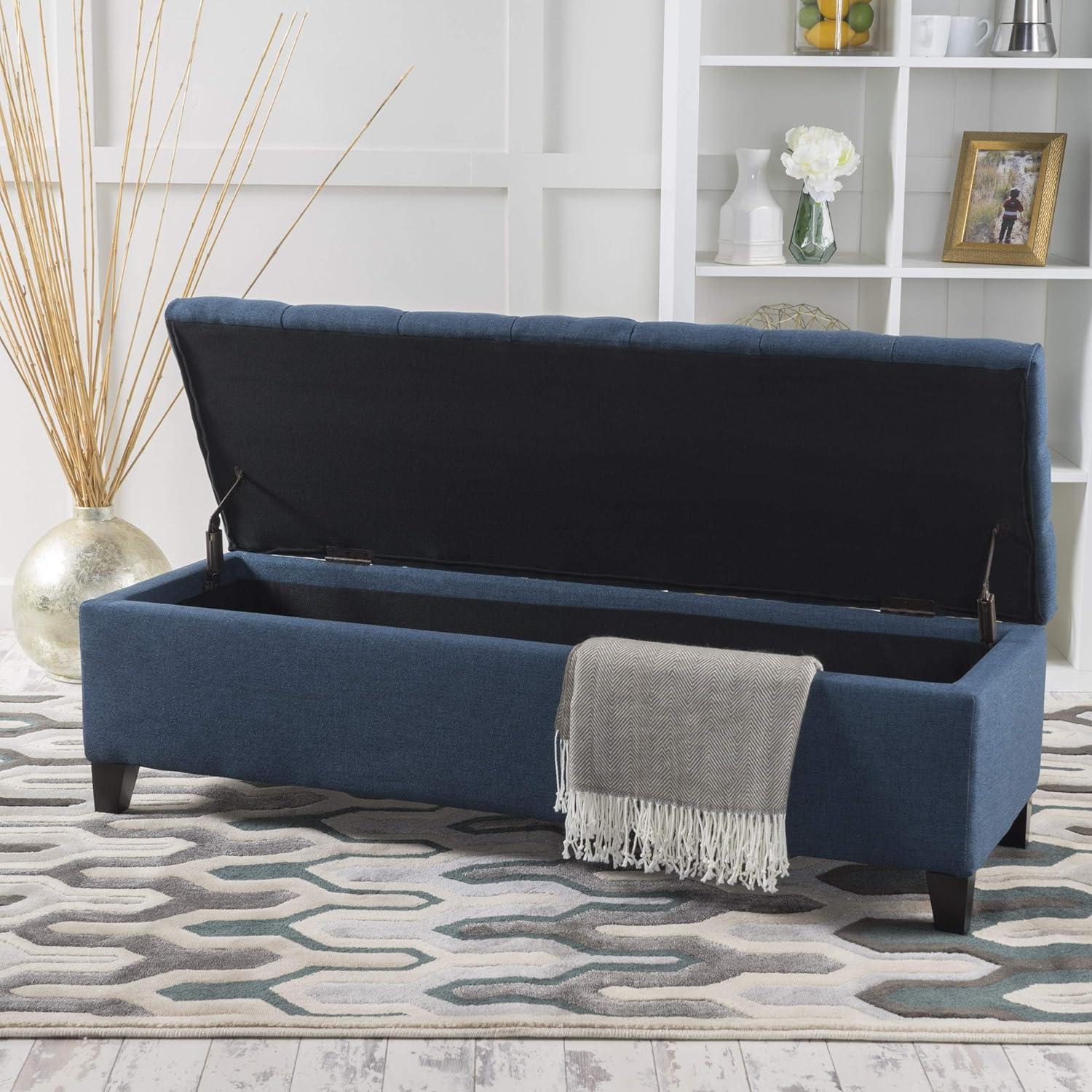 Ottilie Storage Ottoman Dark Blue - Christopher Knight Home: Upholstered Bedroom Seating with Tufted Lid