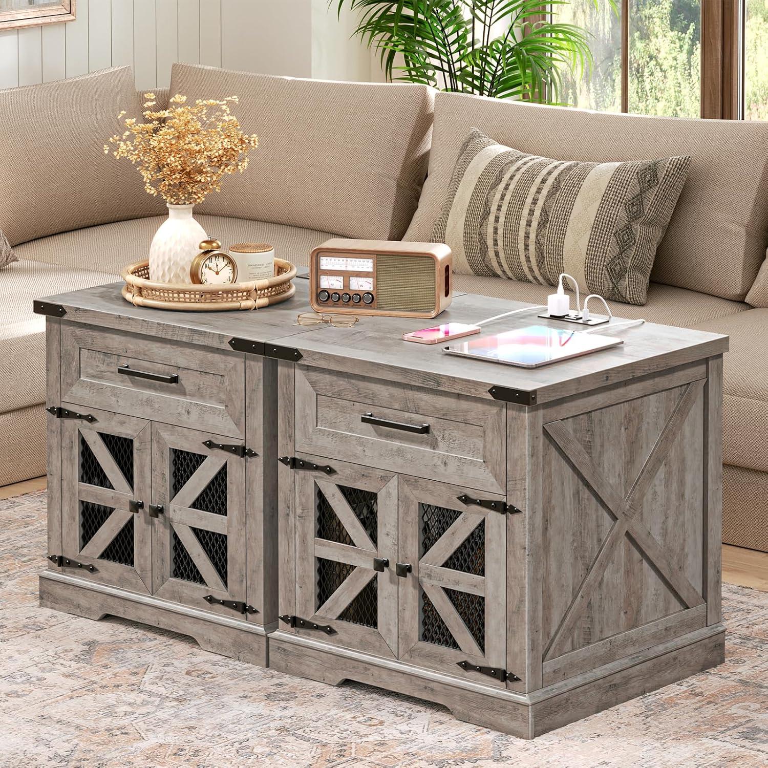 Rustic Gray Wood Farmhouse End Table with Charging Station