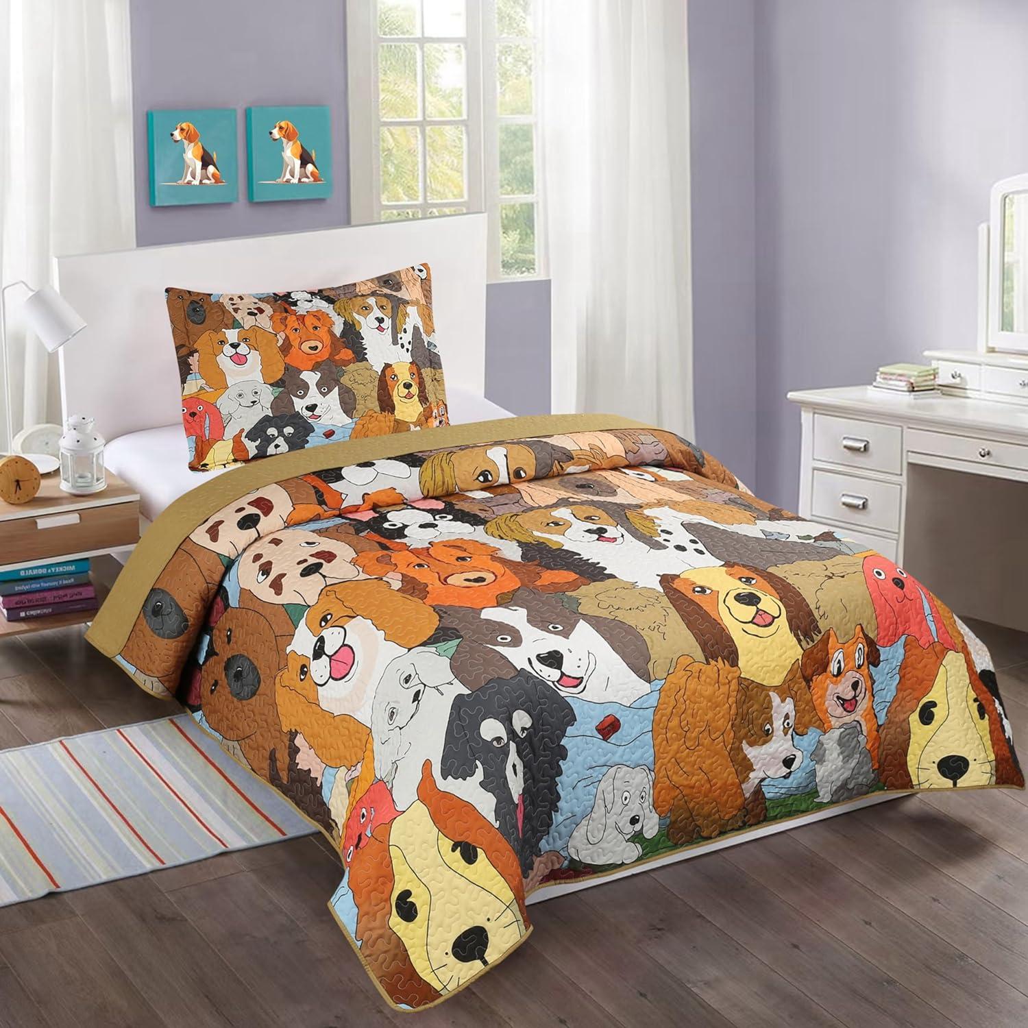 Brown Dog Print Twin Reversible Kids Quilt Set