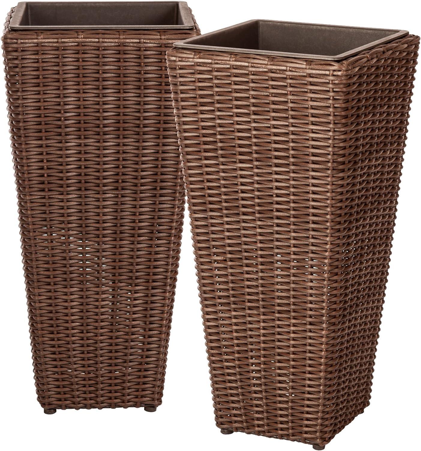 PatioSense Alto Balkene Home Alto Wicker Planter with Liners ,Tall Plant Decor Box for Outdoors - Mocha - Pack of 2