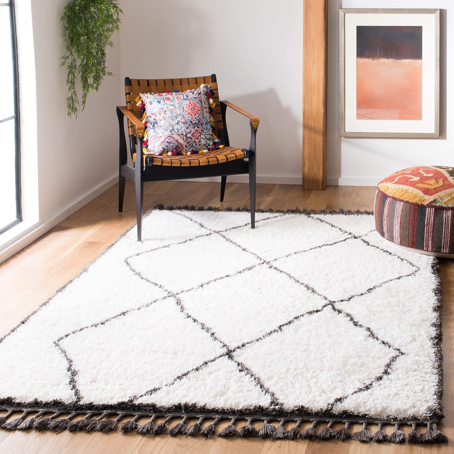 Gray and Cream Diamond Shag Square Area Rug with Tassels