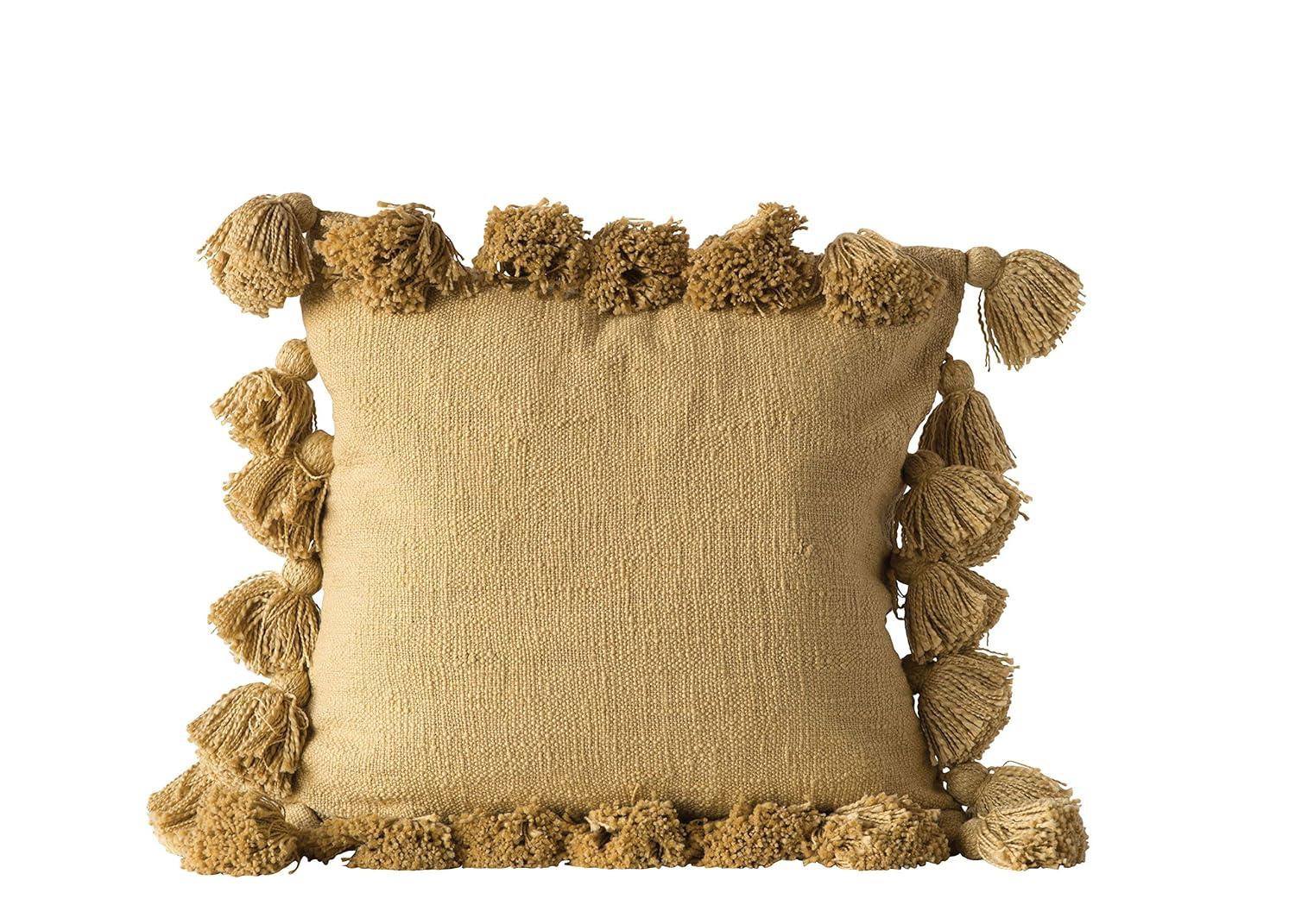 Creative Co-Op Woven Cotton Slub Pillow with Tassels, Mustard