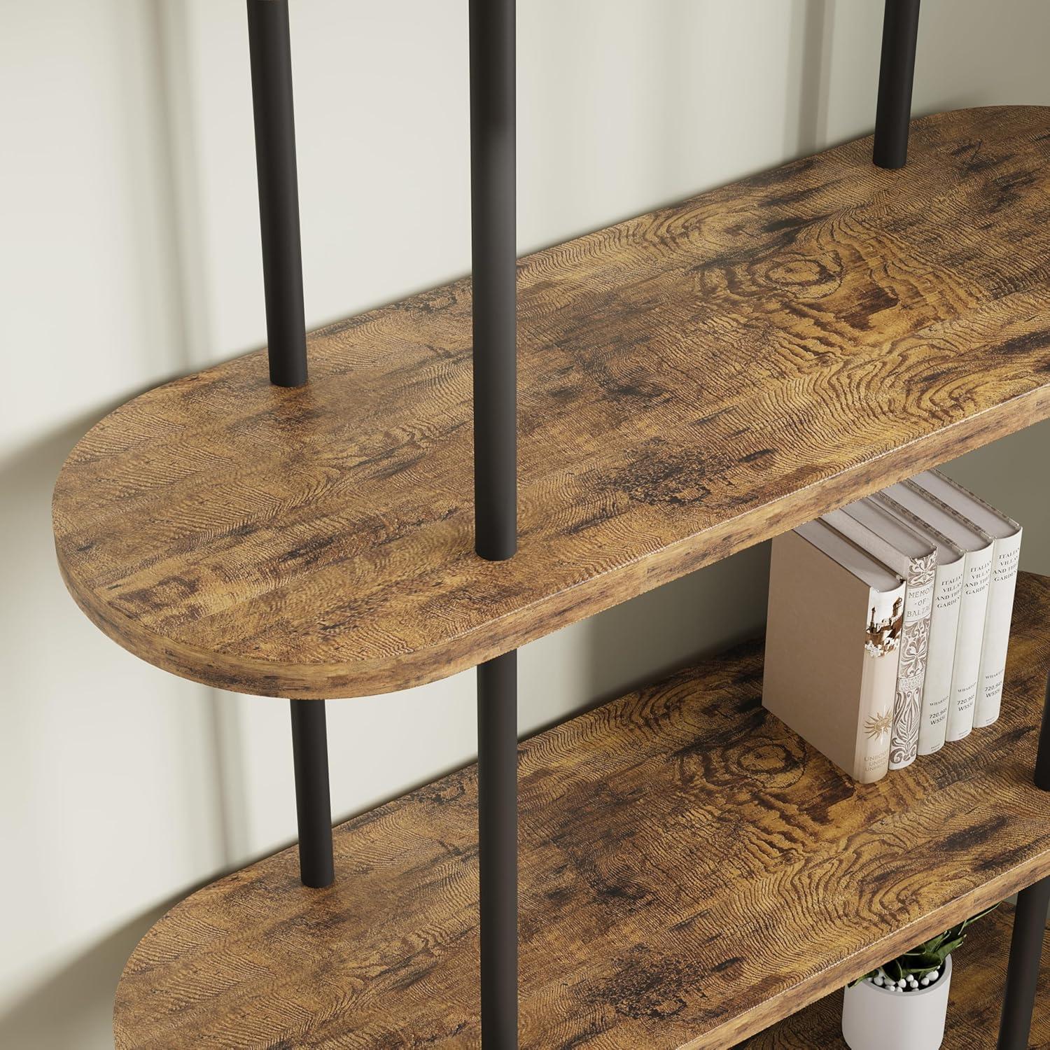 Black and Retro Five-Tier Arched Metal and Wood Bookshelf