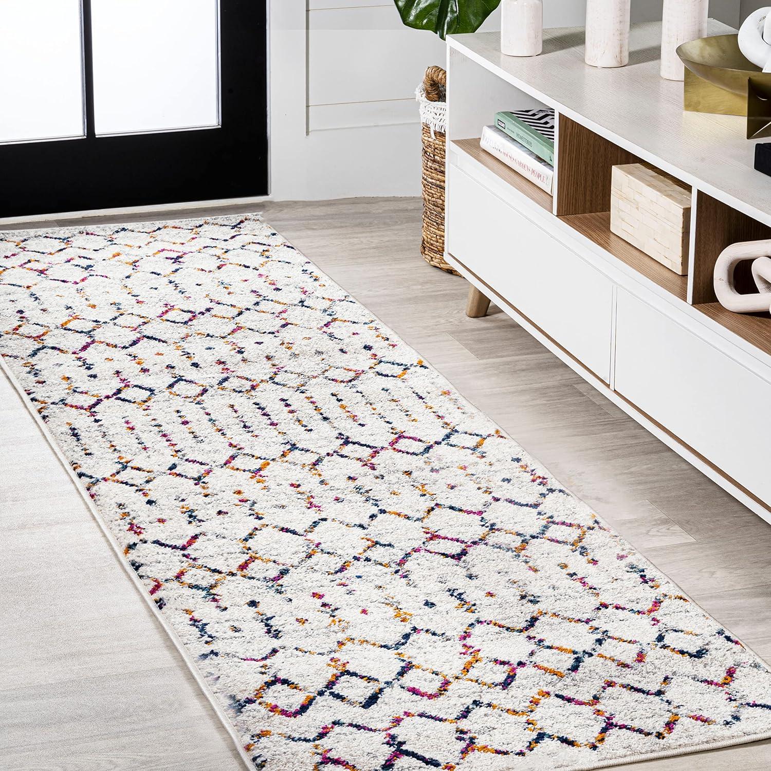 Bohemian Bliss Ivory & Multicolor Diamond Runner Rug, 2x8 ft