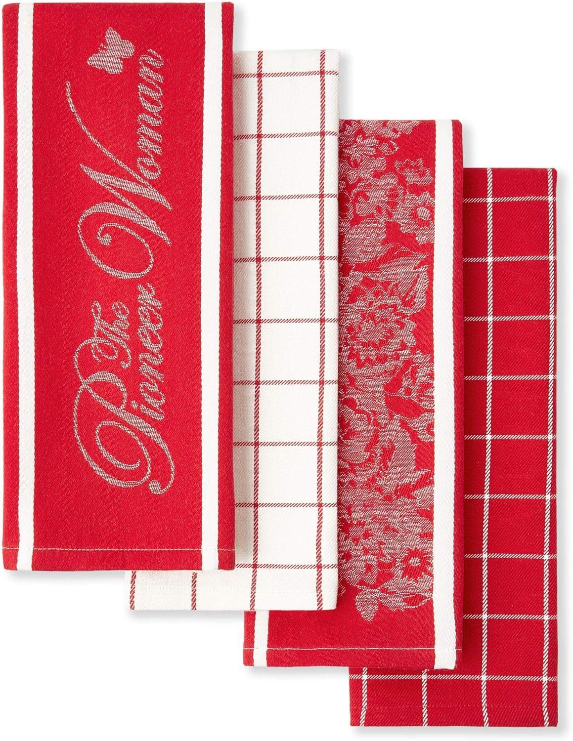 Red and White Floral Cotton Kitchen Towel Set, 4-Piece