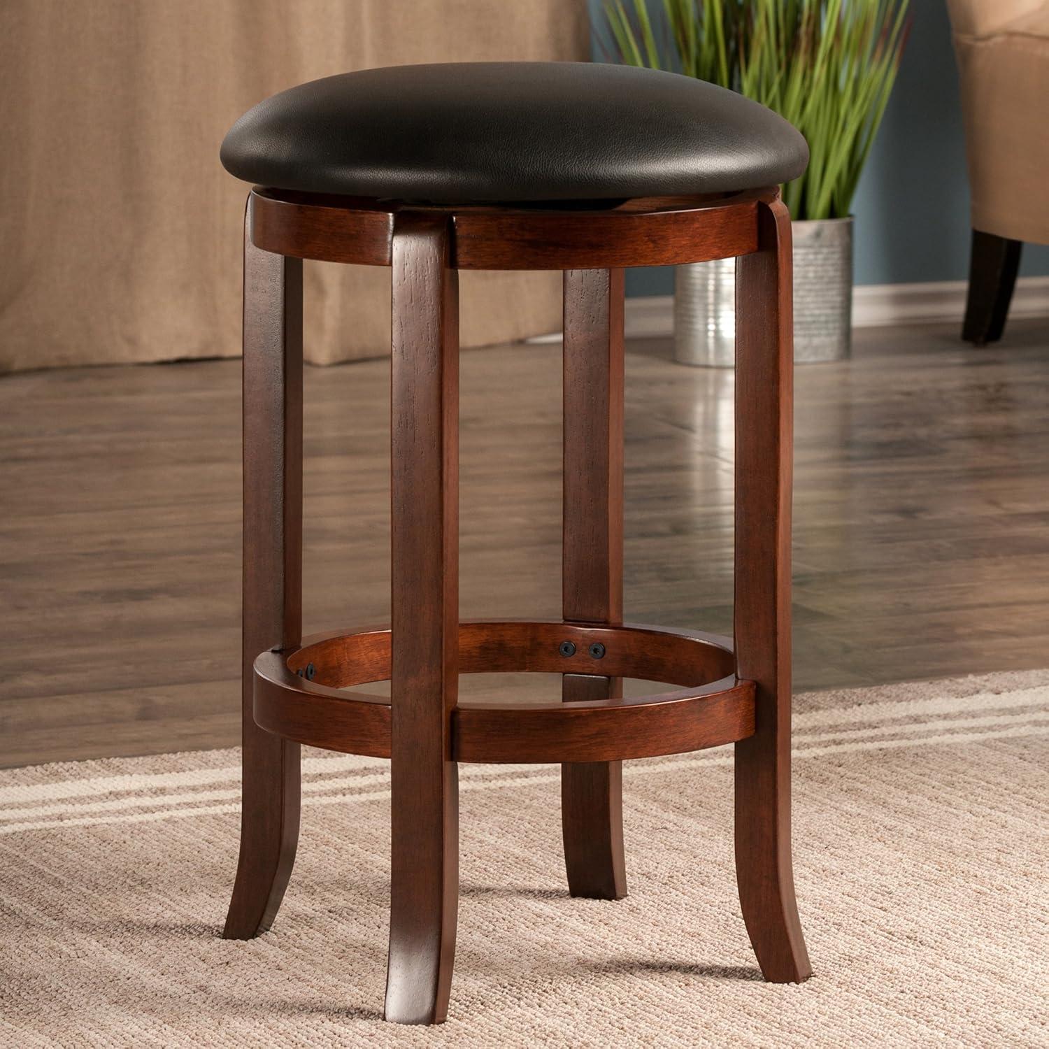 Winsome Walcott 24" Transitional Black Leather and Walnut Wood Swivel Barstool