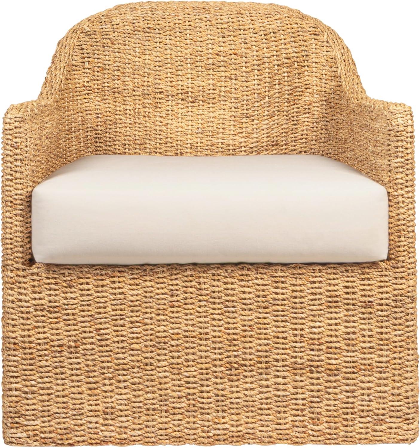 Natural and Cream Woven Water Hyacinth and Acacia Wood Outdoor Lounge Chair with White Cushion