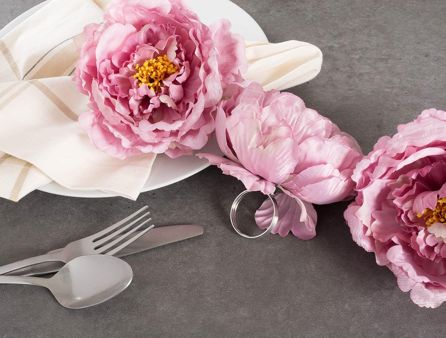 E-Living Store Polyester Fabric Peony Flower Napkin Rings in Pink (Set of 4)