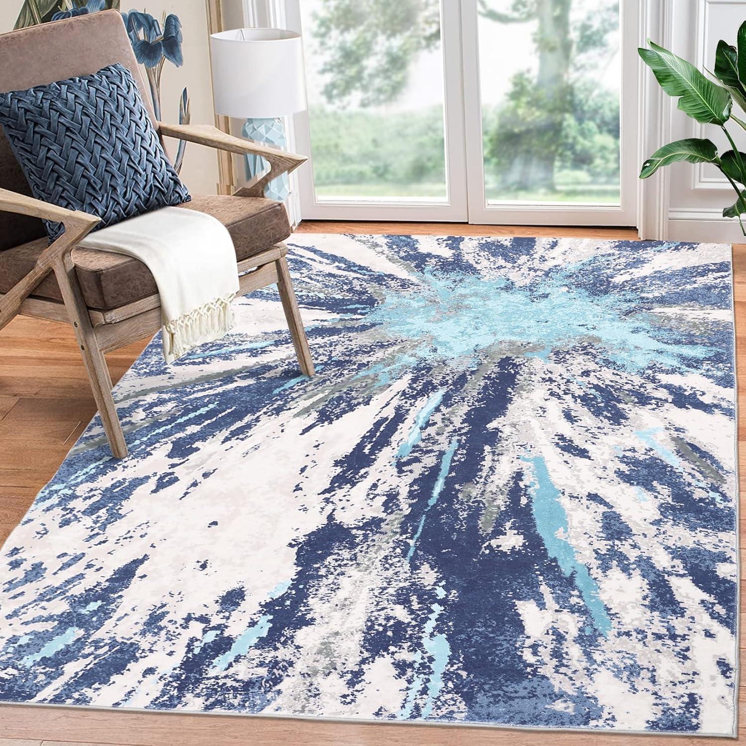 Blue and White Abstract Washable 8' x 10' Area Rug