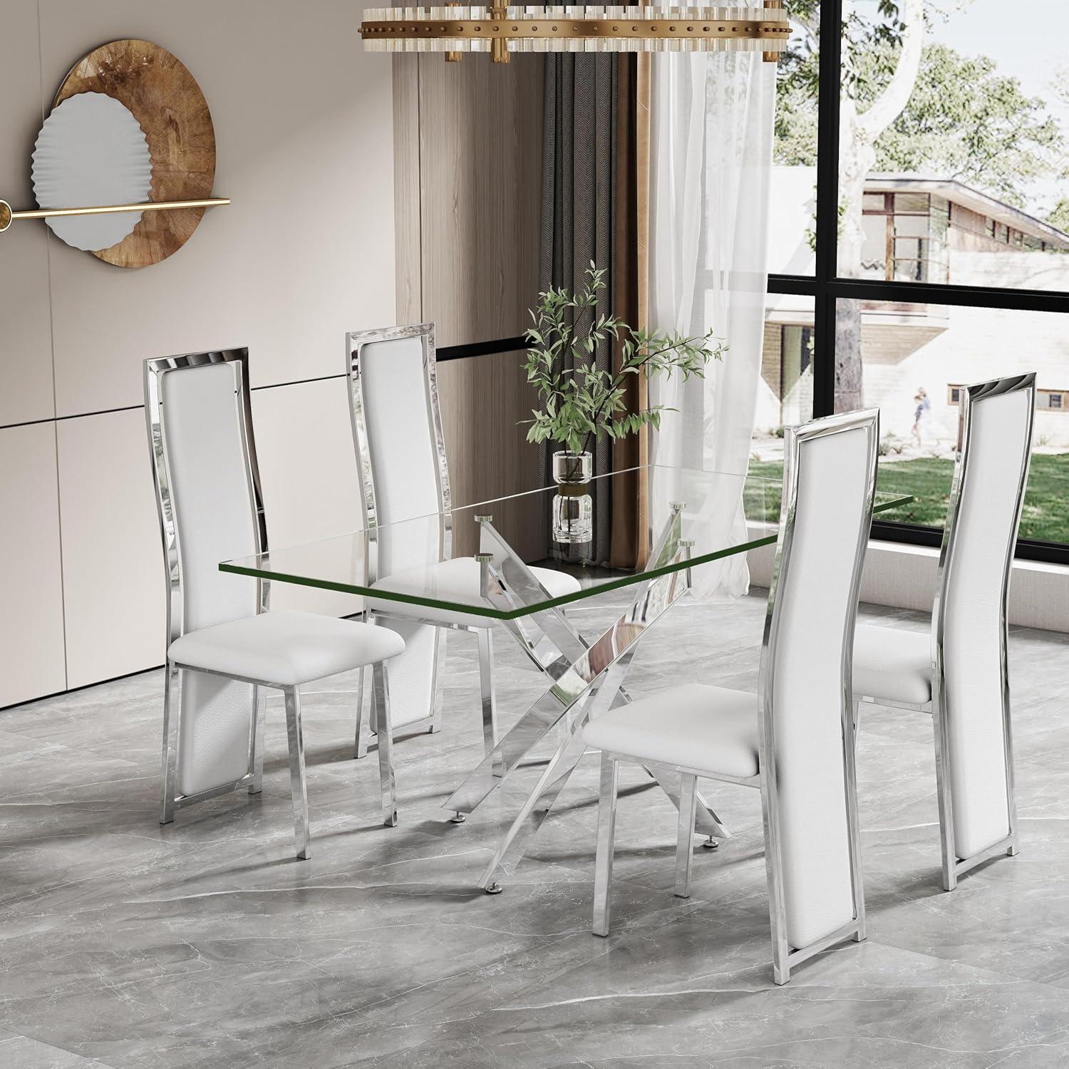 MIFI White Velvet Dining Chairs Set of 2, High-back , Kitchen & Dining Room Chairs , Sillas De Comedor ,Fabric Upholstered, Silver Chrome Metal Legs (White, 2 Pcs)